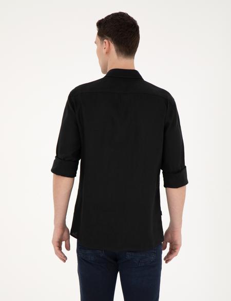 Siyah Keten Regular Fit Uzun Kollu Gömlek - 50284915062