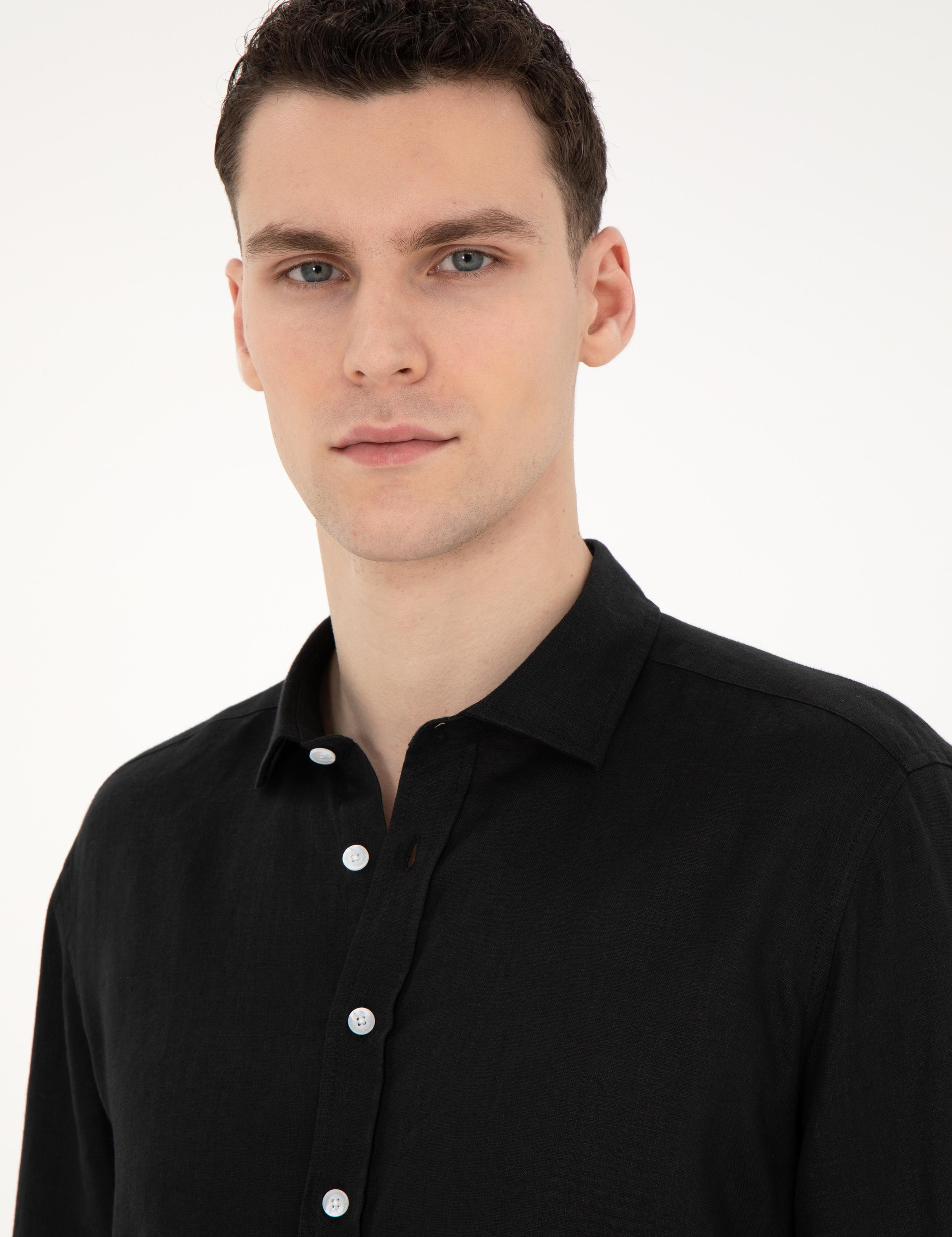 Siyah Keten Regular Fit Uzun Kollu Gömlek