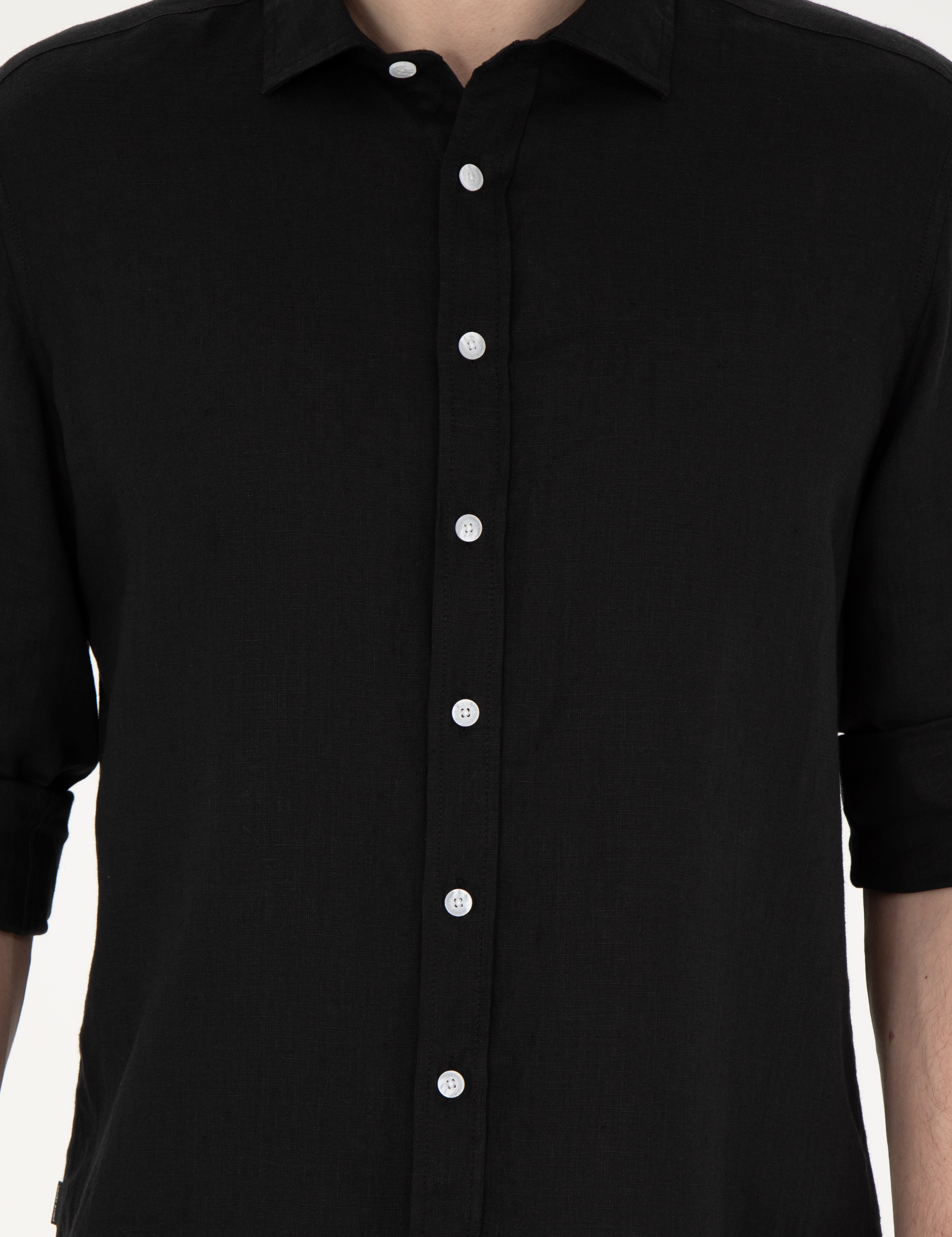 Siyah Keten Regular Fit Uzun Kollu Gömlek - Image 6