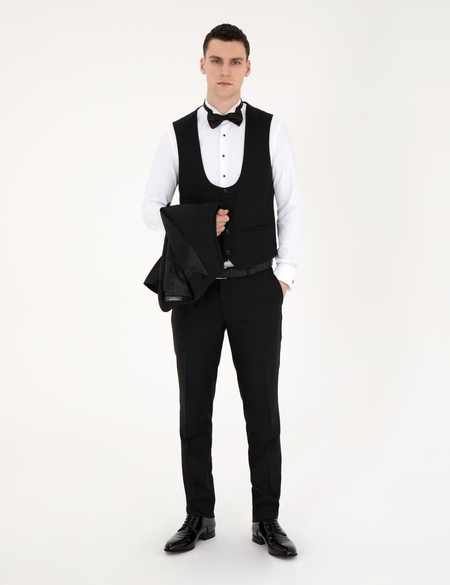 Siyah Ex. Slim Fit Yelekli Smokin