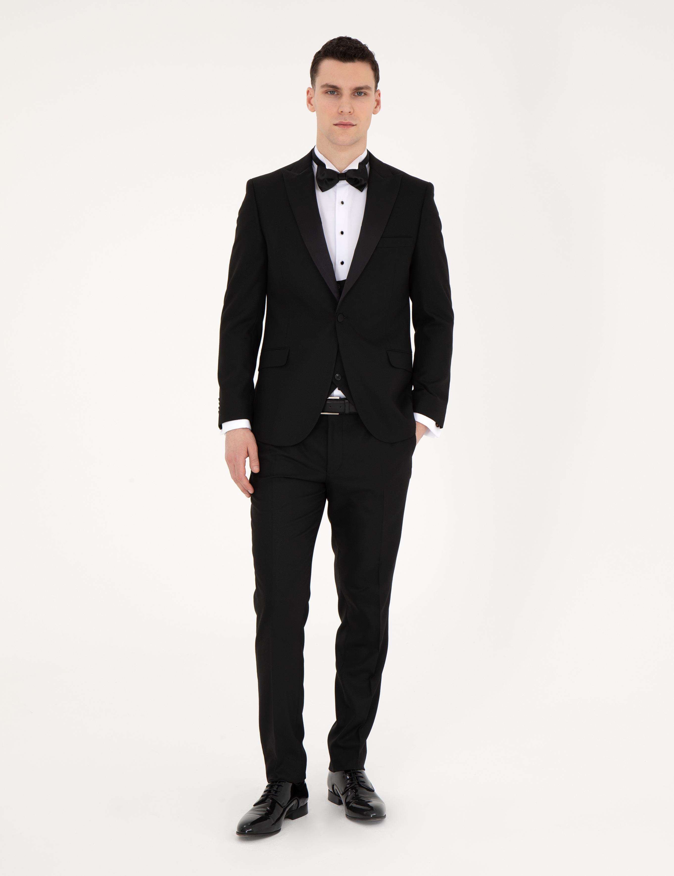 Siyah Ex. Slim Fit Yelekli Smokin