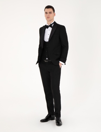 Siyah Ex. Slim Fit Yelekli Smokin