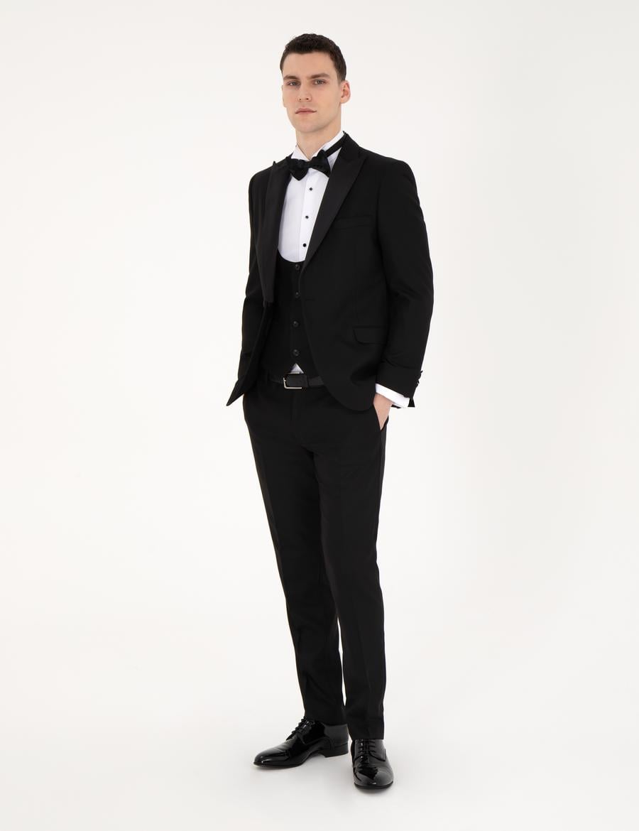 Siyah Ex. Slim Fit Yelekli Smokin