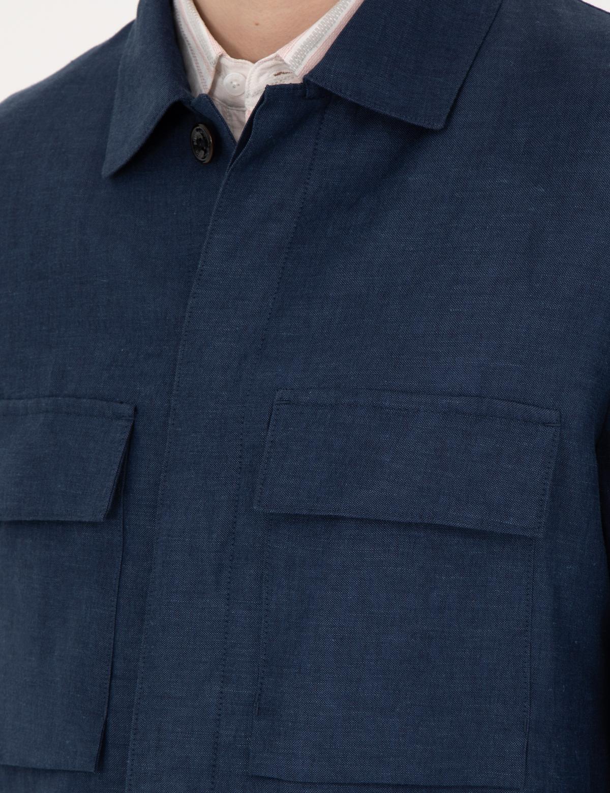 Lacivert Regular Fit Keten Karışımlı Düğmeli Ceket - 50285546135