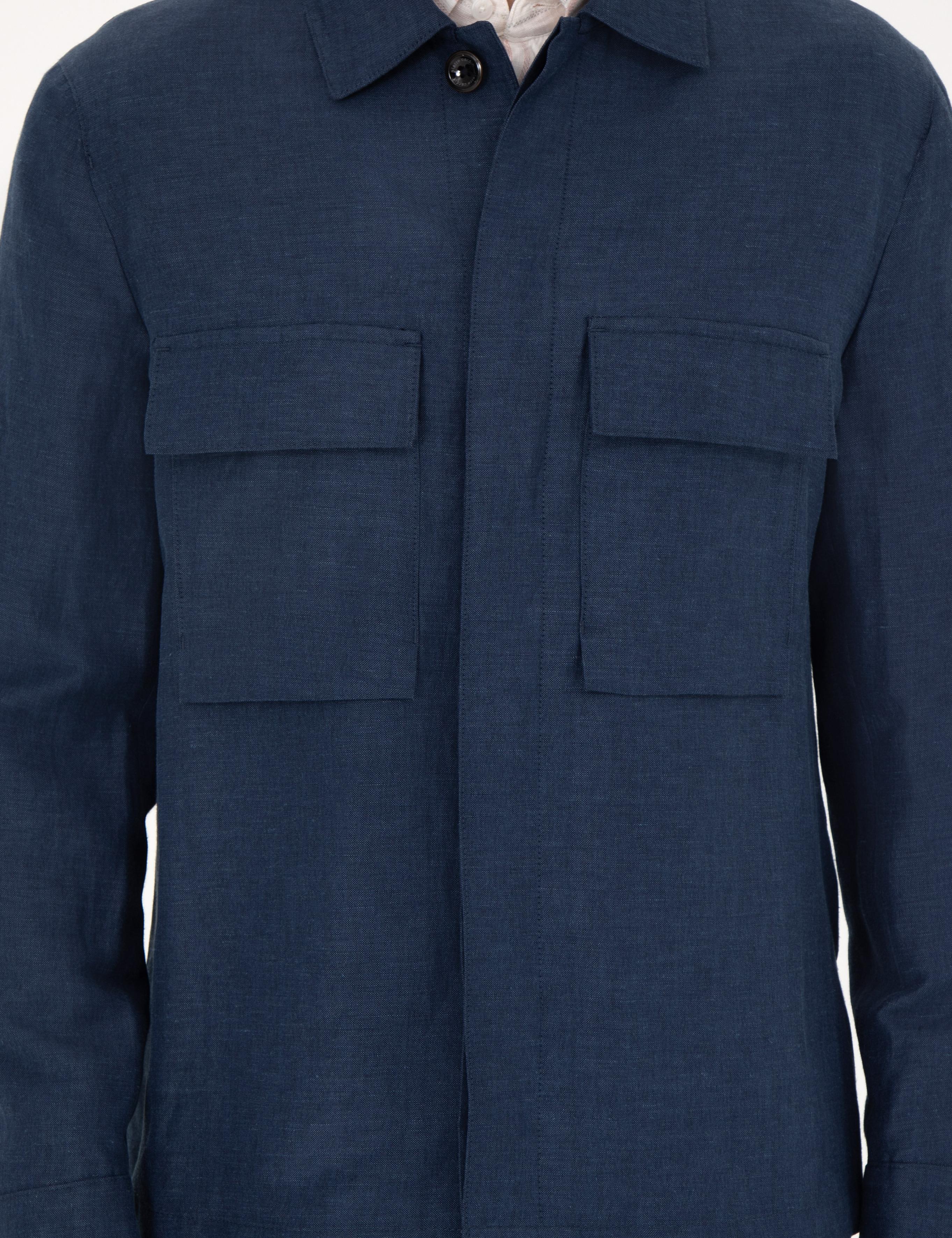 Lacivert Regular Fit Keten Karışımlı Düğmeli Ceket