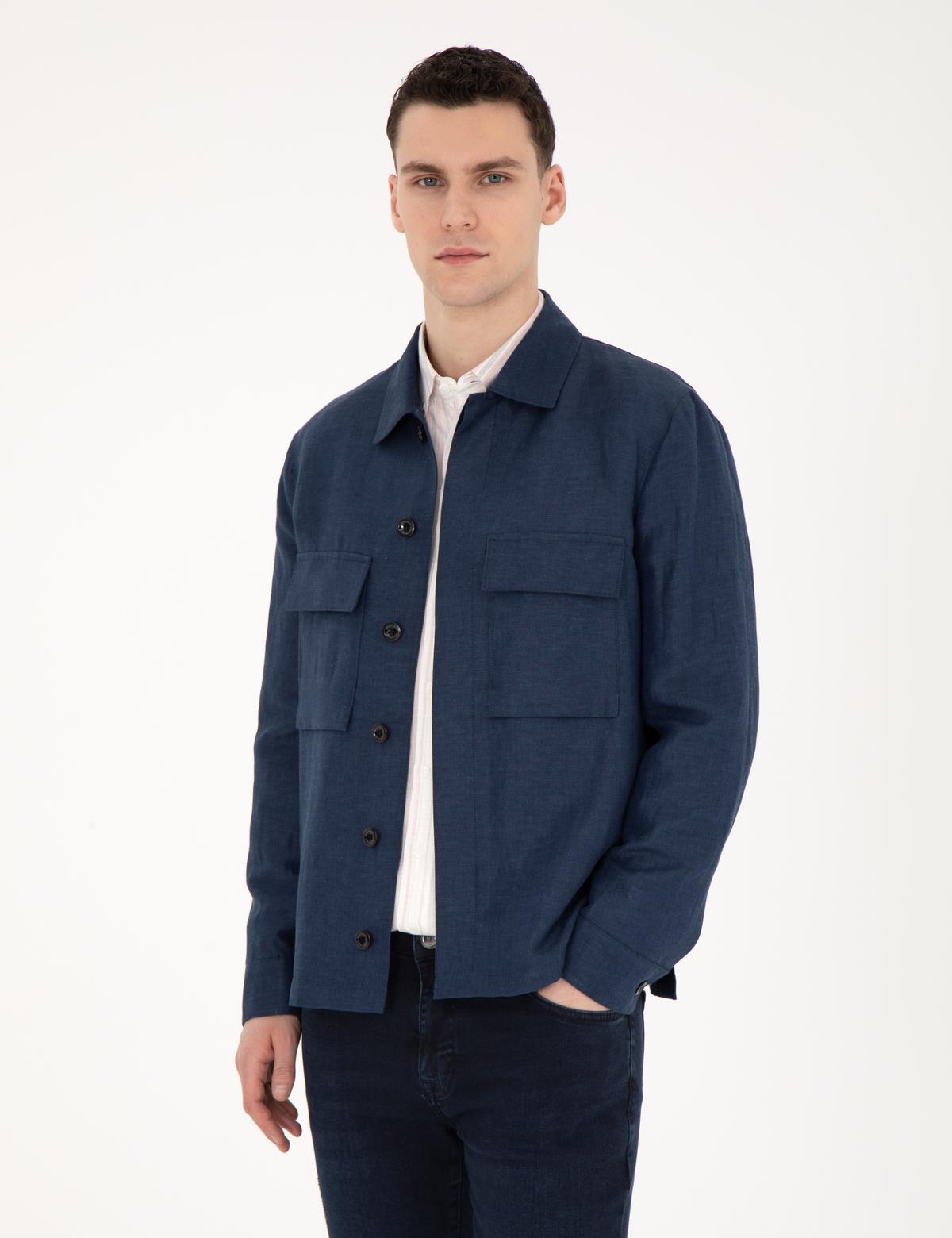 Lacivert Regular Fit Keten Karışımlı Düğmeli Ceket - 50285546135