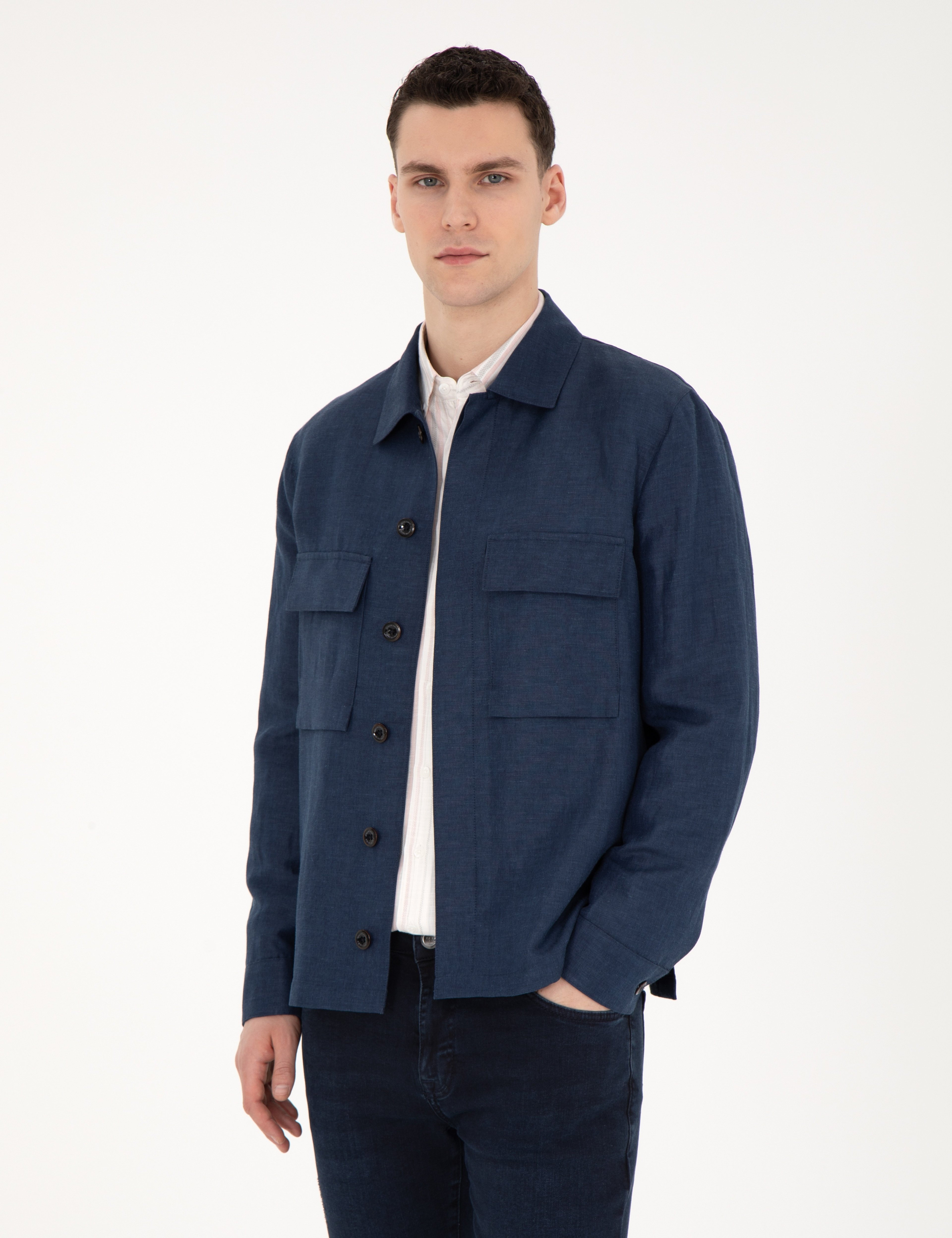 Lacivert Regular Fit Keten Karışımlı Düğmeli Ceket - Image 2