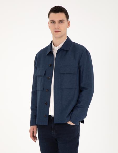 Lacivert Regular Fit Keten Karışımlı Düğmeli Ceket - 50285546135