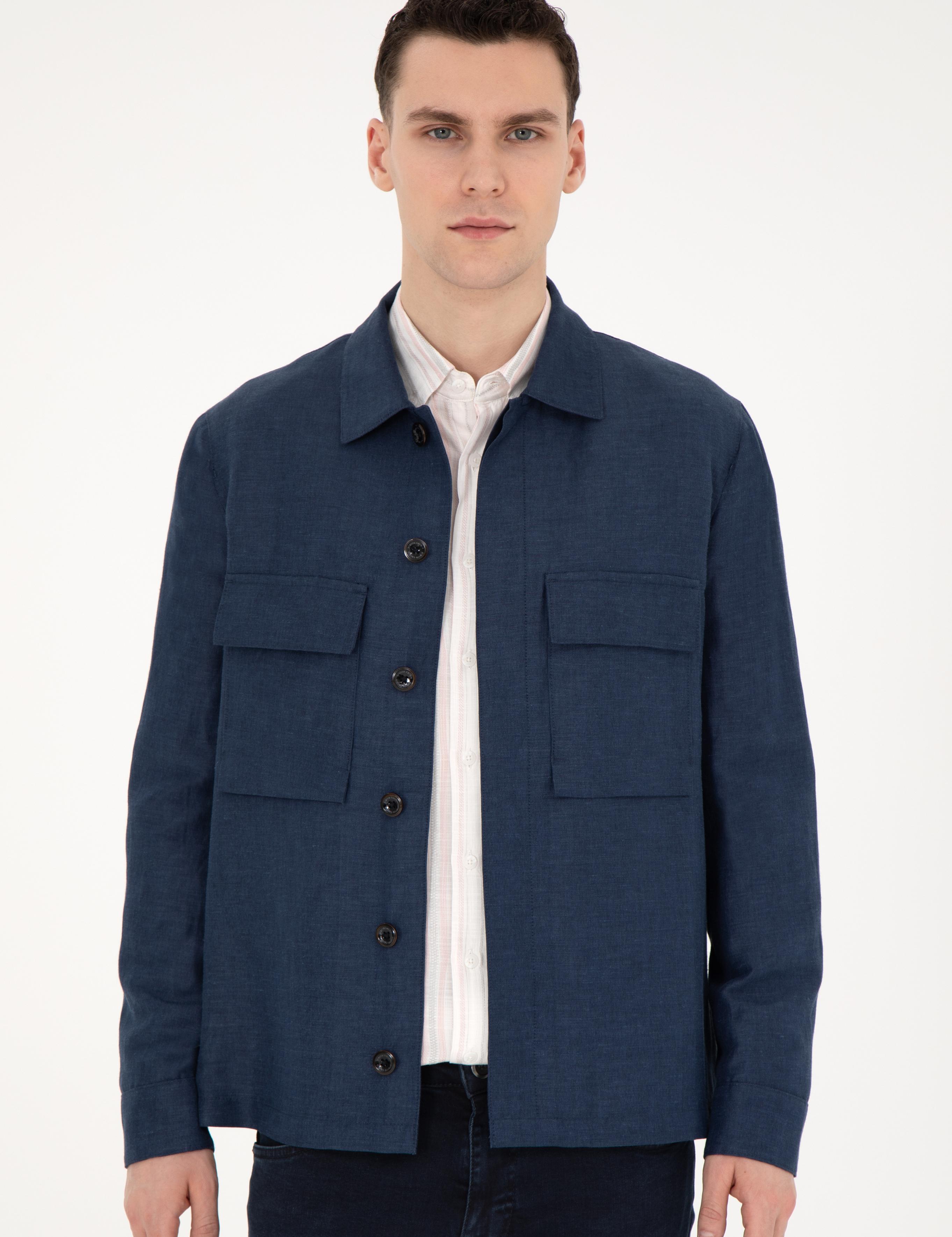 Lacivert Regular Fit Keten Karışımlı Düğmeli Ceket