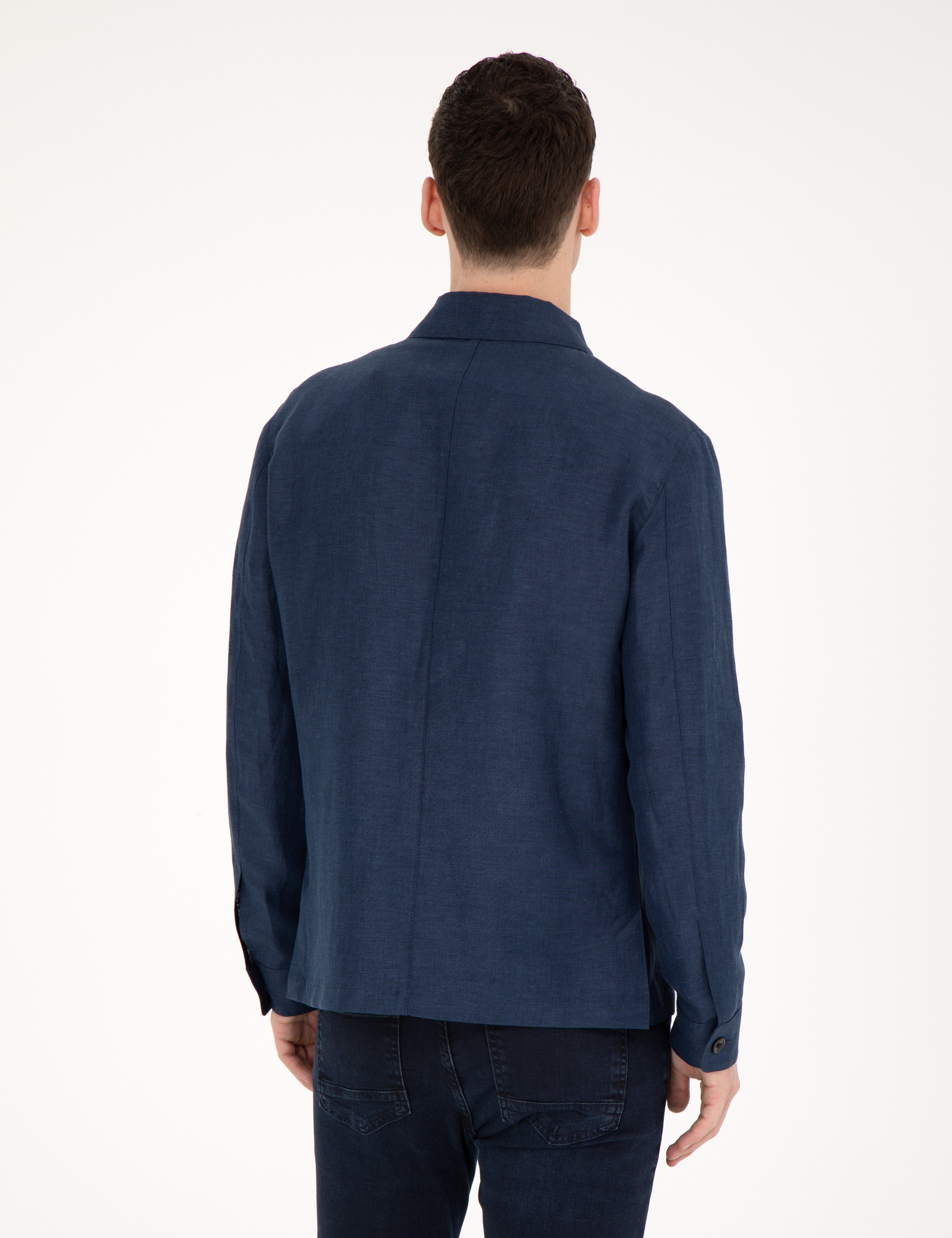 Lacivert Regular Fit Keten Karışımlı Düğmeli Ceket - Image 5