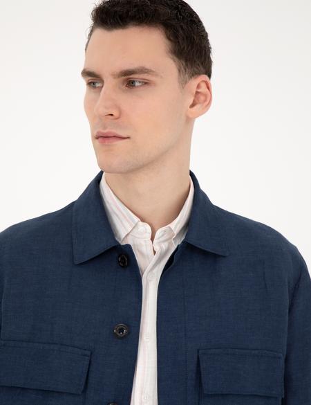 Lacivert Regular Fit Keten Karışımlı Düğmeli Ceket - 50285546135