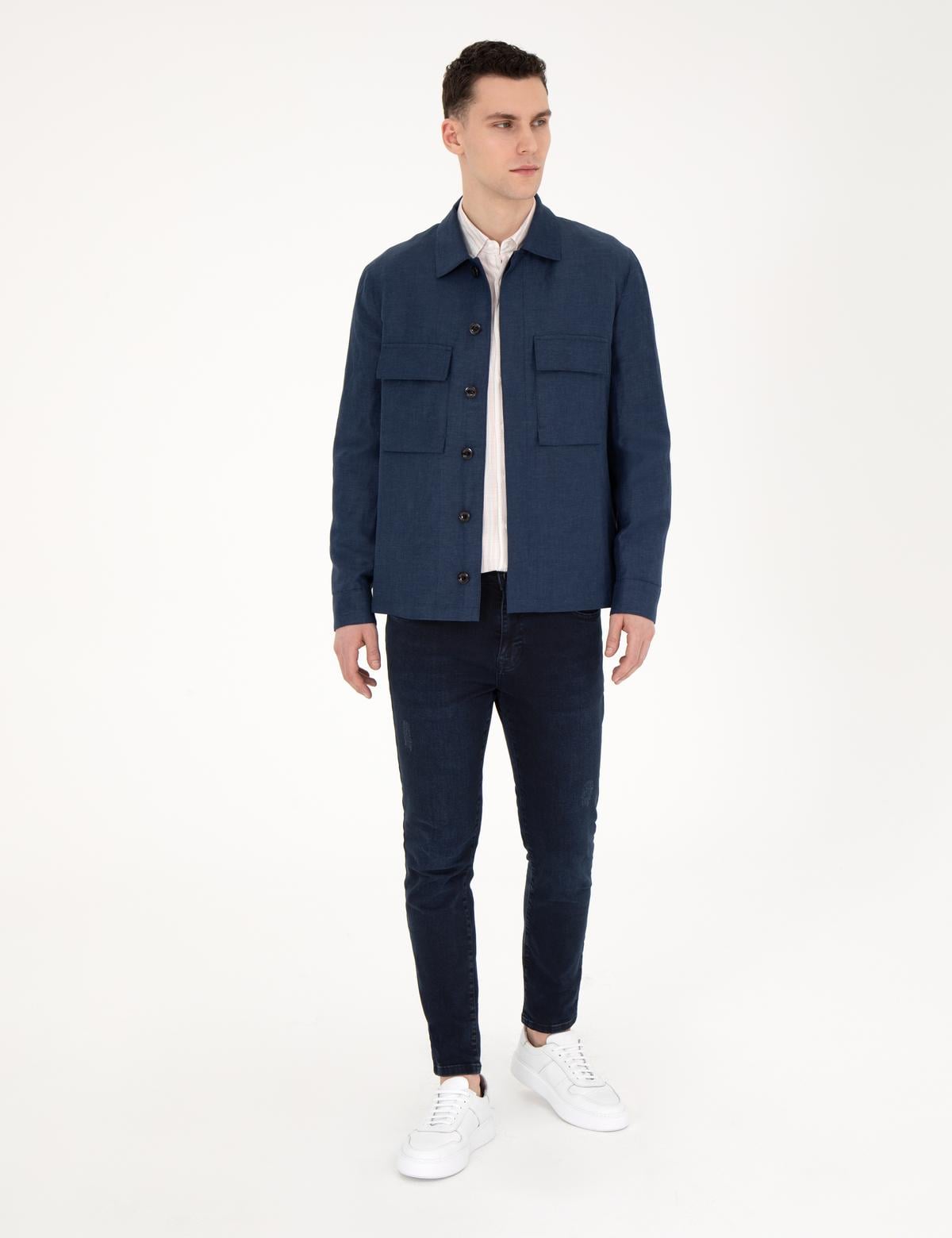 Lacivert Regular Fit Keten Karışımlı Düğmeli Ceket - 50285546135