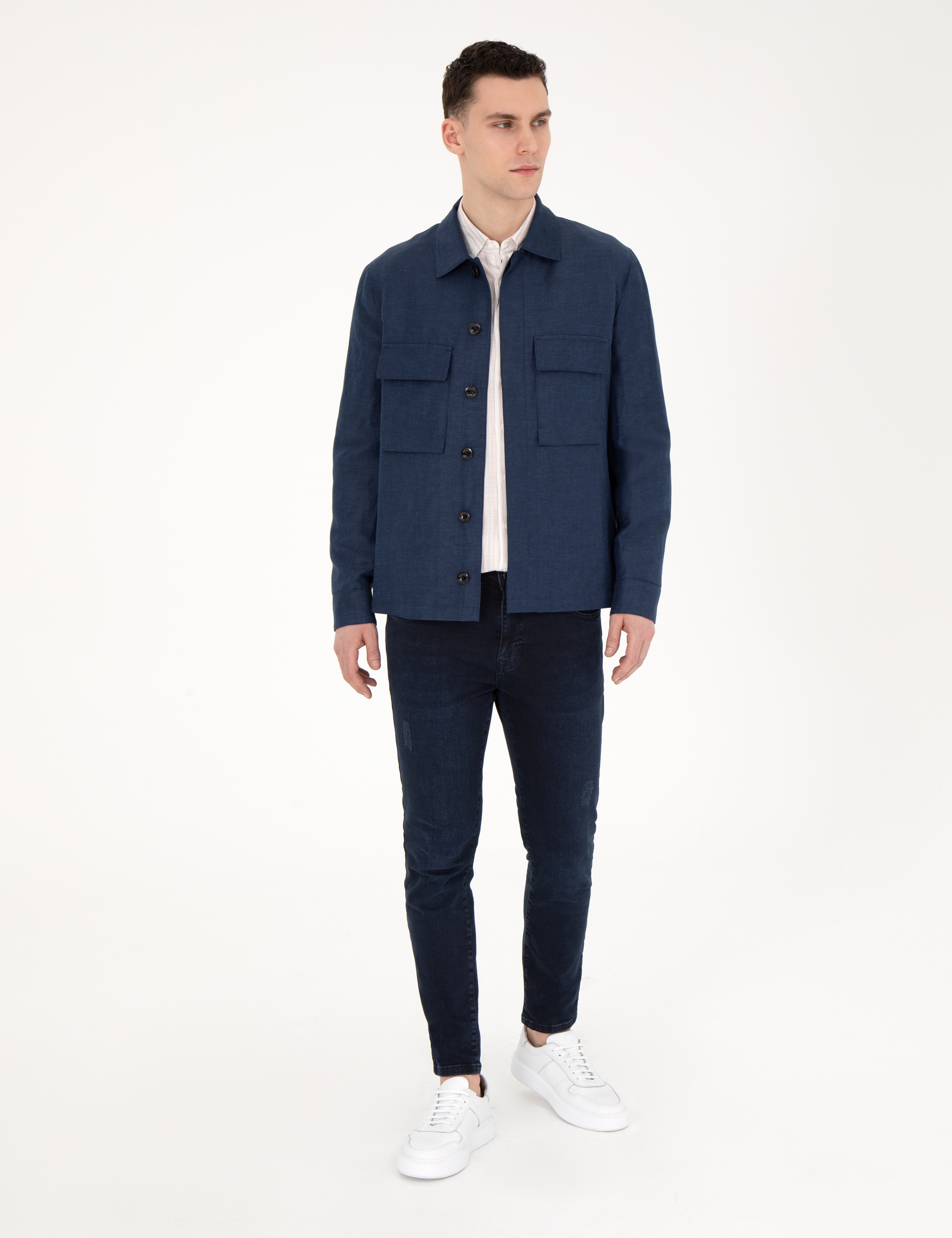 Lacivert Regular Fit Keten Karışımlı Düğmeli Ceket - Image 4
