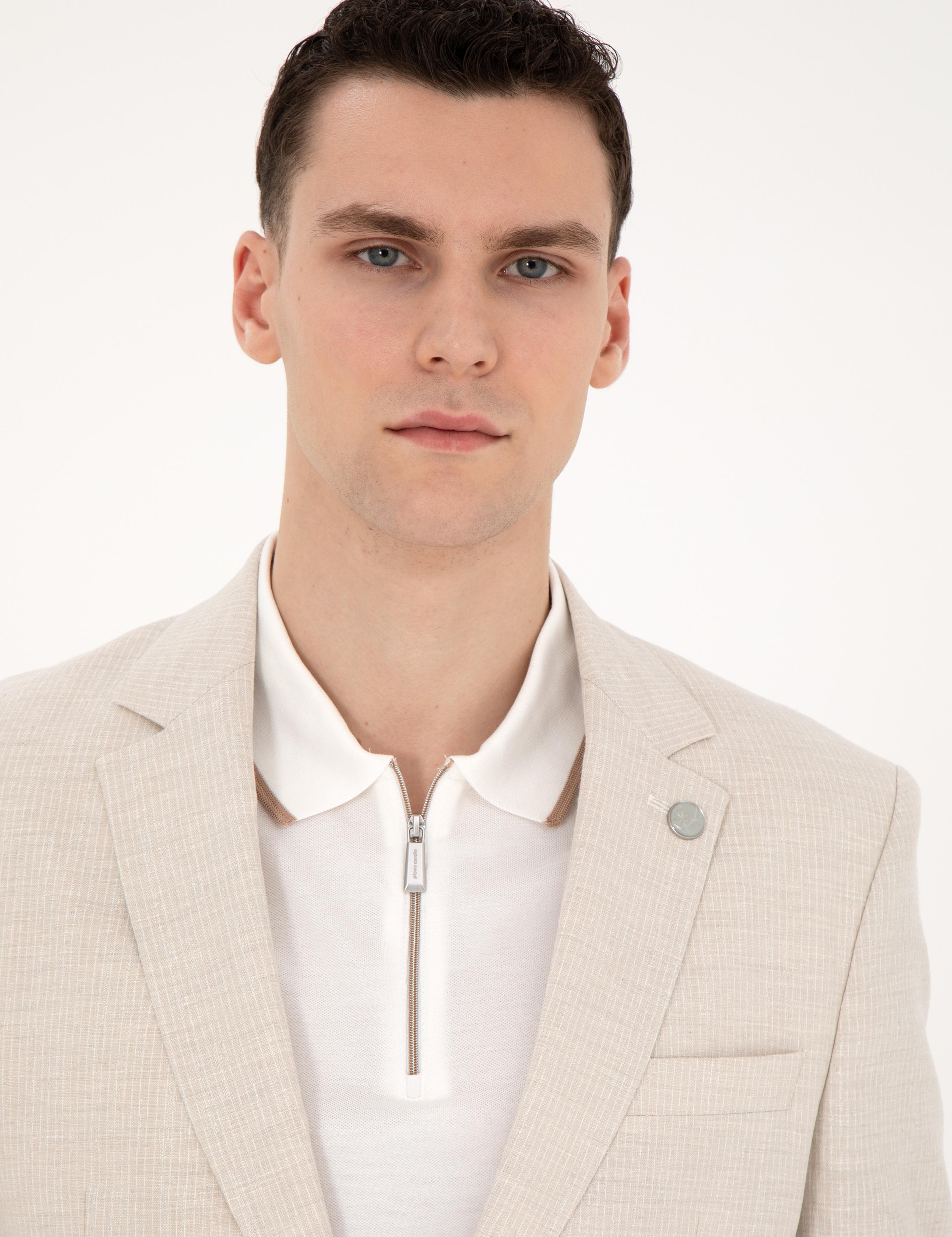 Bej Slim Fit Keten Karışımlı Çizgili Takım Elbise