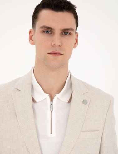 Bej Slim Fit Keten Karışımlı Çizgili Takım Elbise