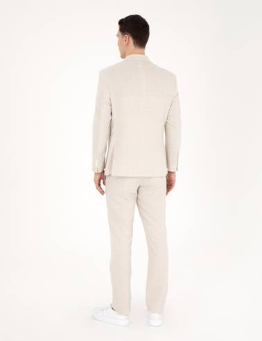 Bej Slim Fit Keten Karışımlı Çizgili Takım Elbise