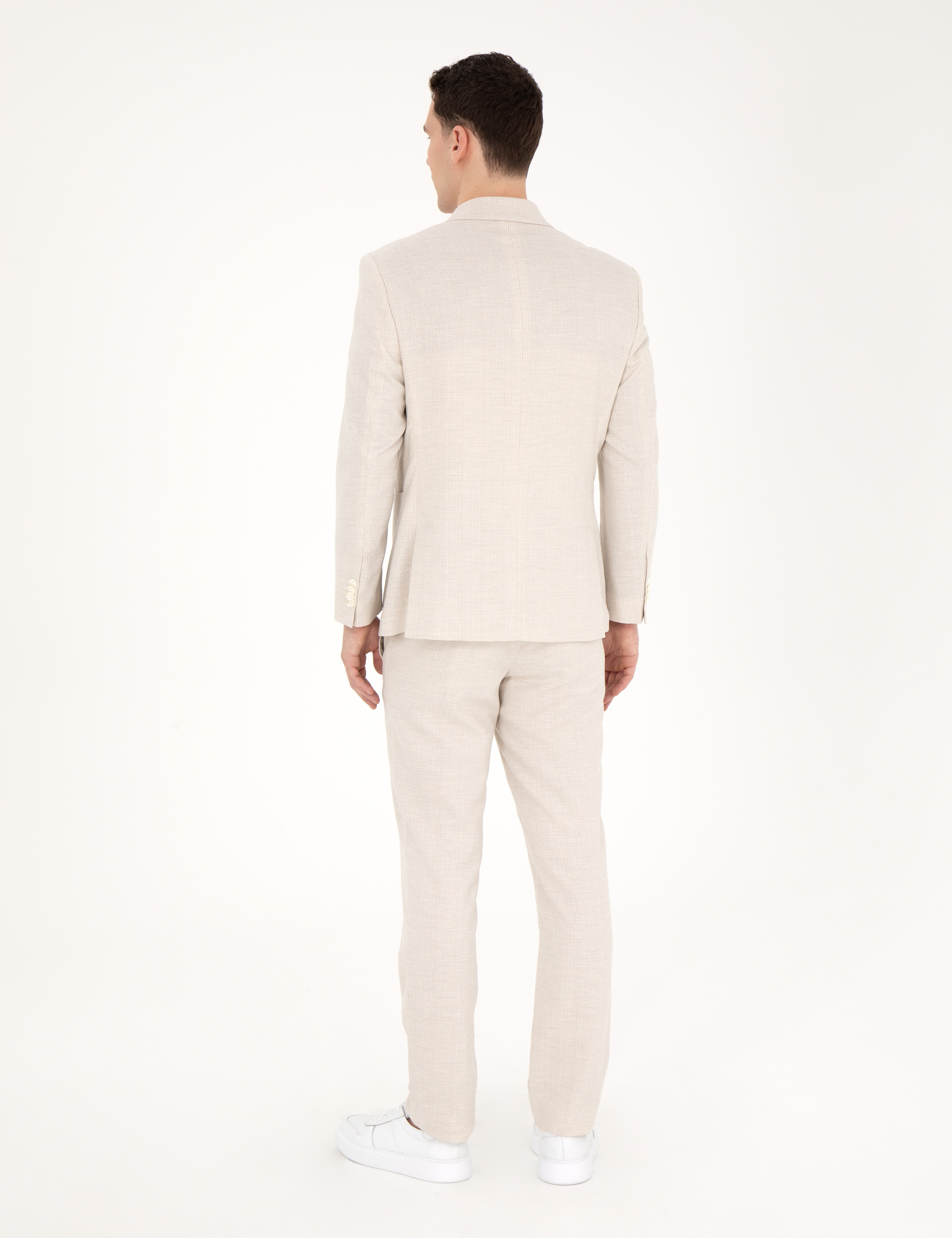 Bej Slim Fit Keten Karışımlı Çizgili Takım Elbise - Image 5