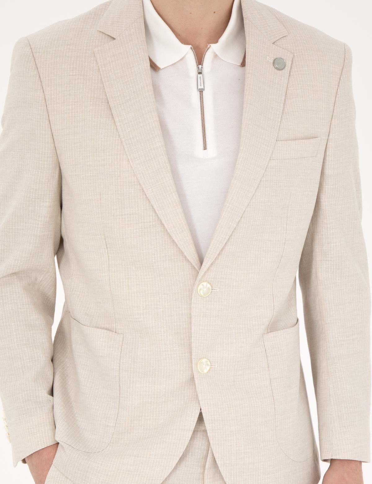 Bej Slim Fit Keten Karışımlı Çizgili Takım Elbise - 50285265170