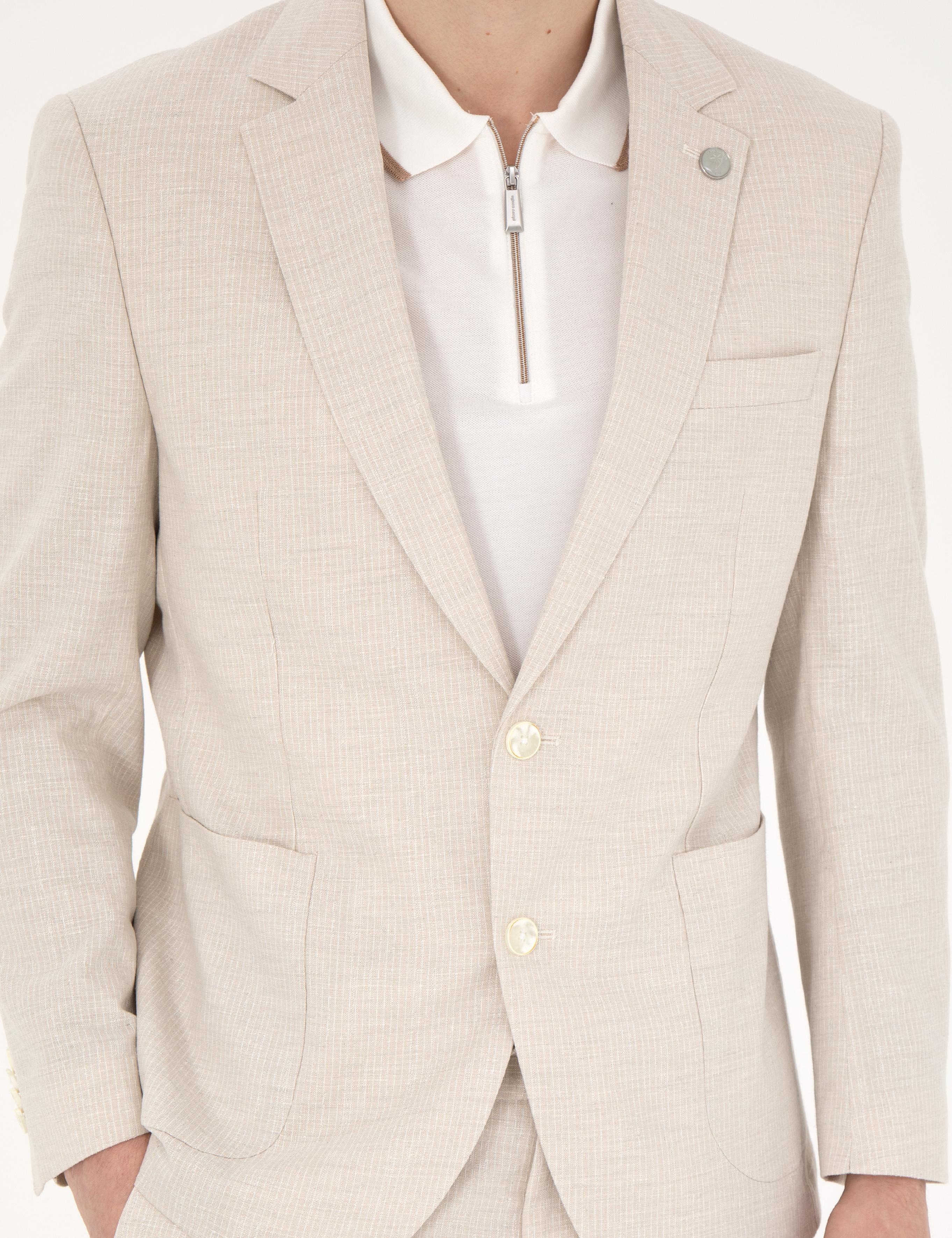 Bej Slim Fit Keten Karışımlı Çizgili Takım Elbise