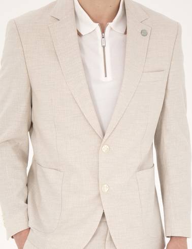 Bej Slim Fit Keten Karışımlı Çizgili Takım Elbise
