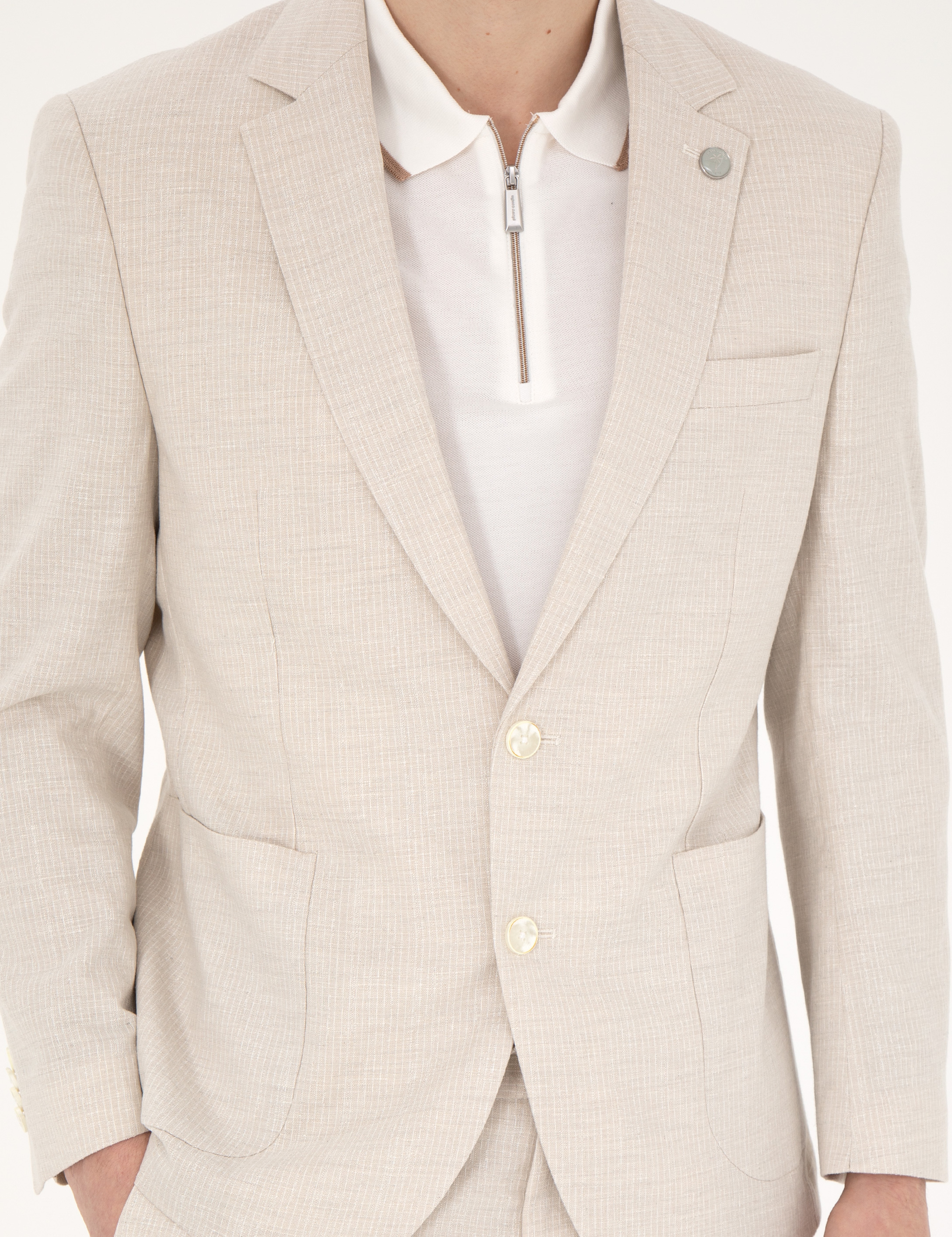 Bej Slim Fit Keten Karışımlı Çizgili Takım Elbise - Image 6