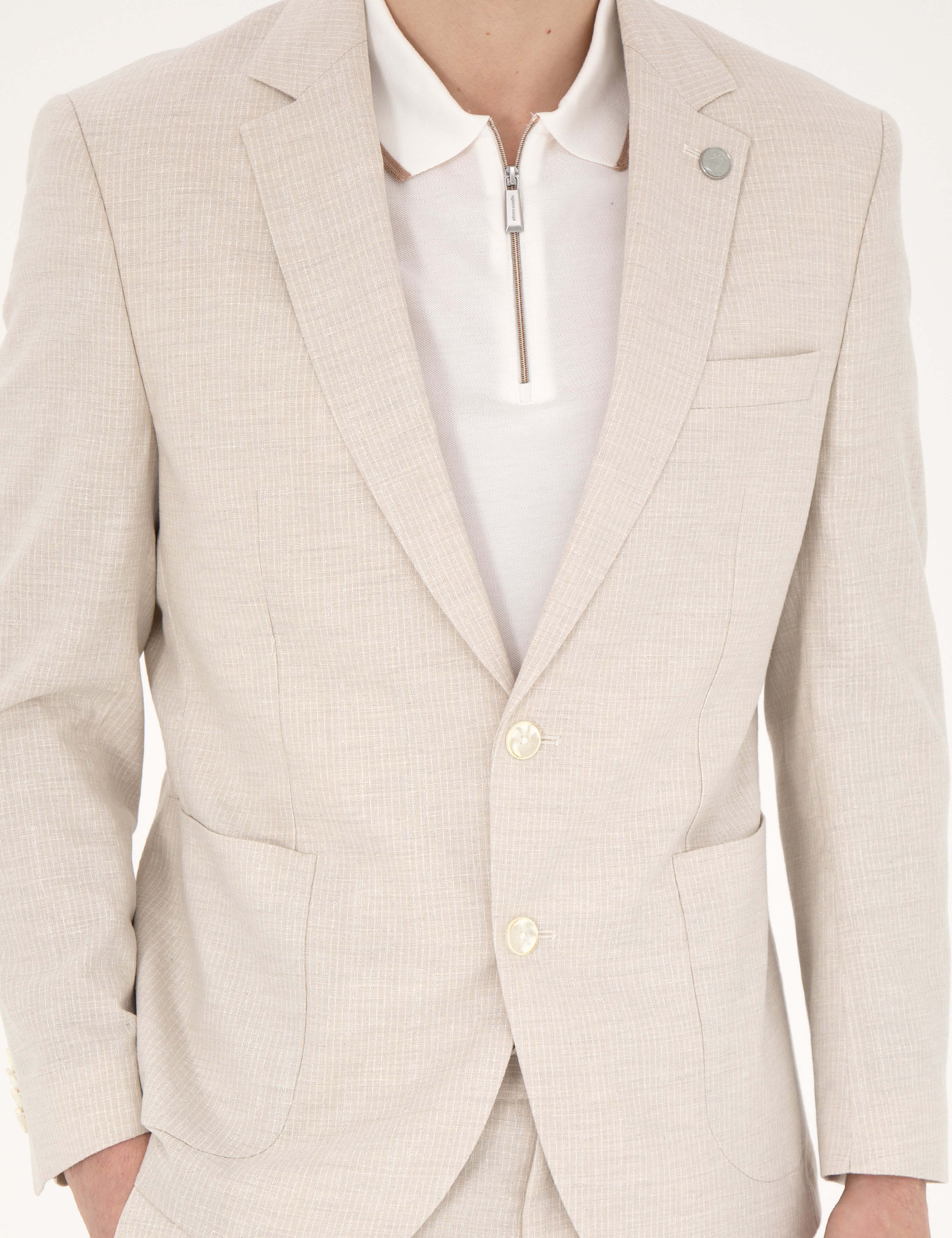 Bej Slim Fit Keten Karışımlı Çizgili Takım Elbise