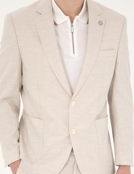 Bej Slim Fit Keten Karışımlı Çizgili Takım Elbise - 50285265170