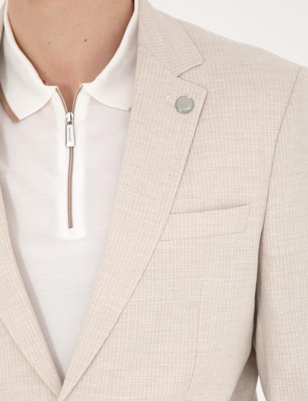 Bej Slim Fit Keten Karışımlı Çizgili Takım Elbise - 50285265170