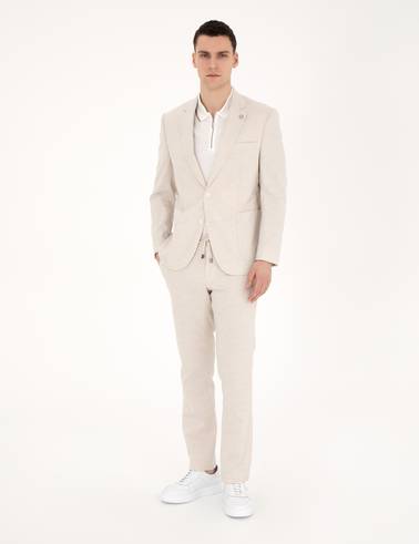Bej Slim Fit Keten Karışımlı Çizgili Takım Elbise
