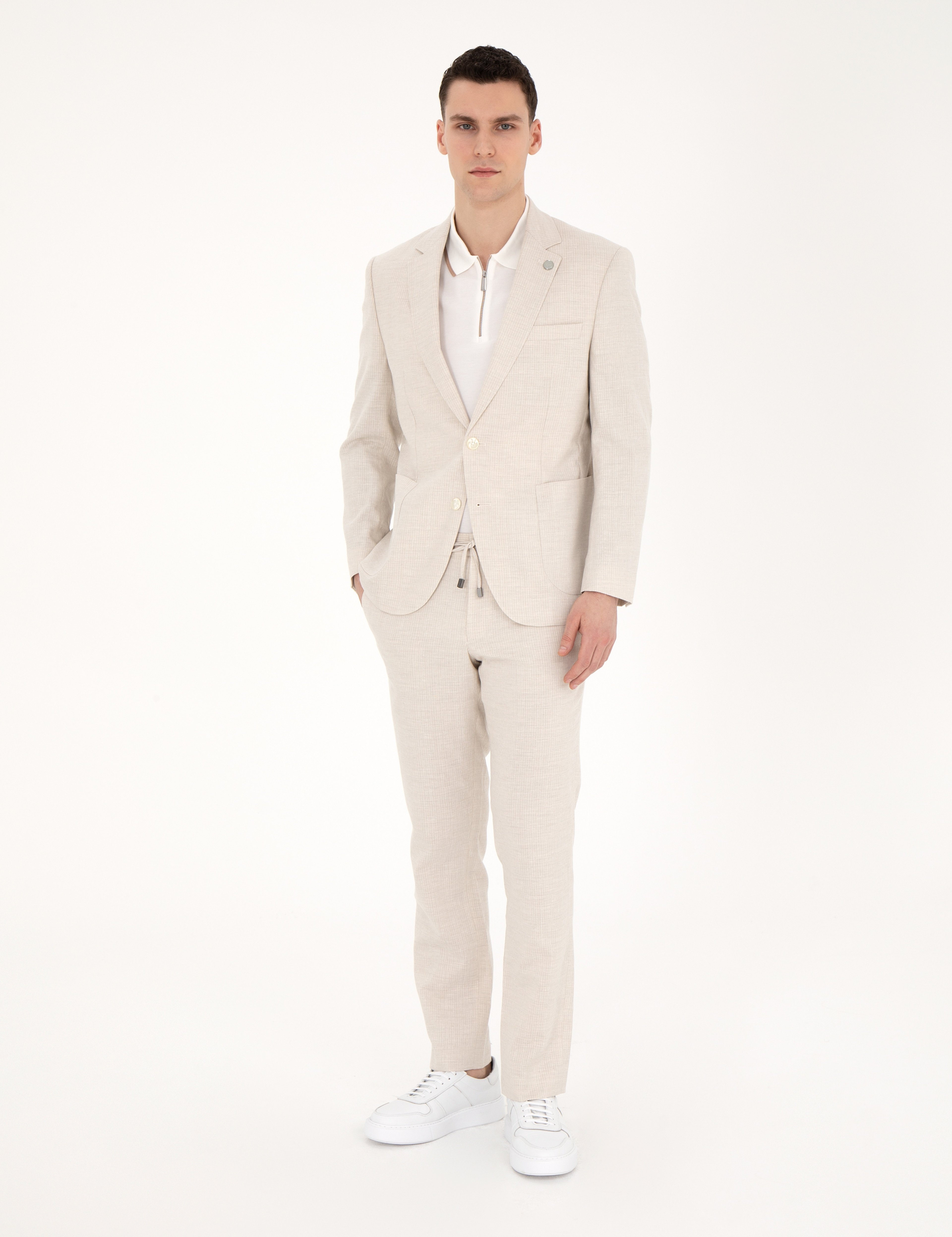 Bej Slim Fit Keten Karışımlı Çizgili Takım Elbise - Image 3