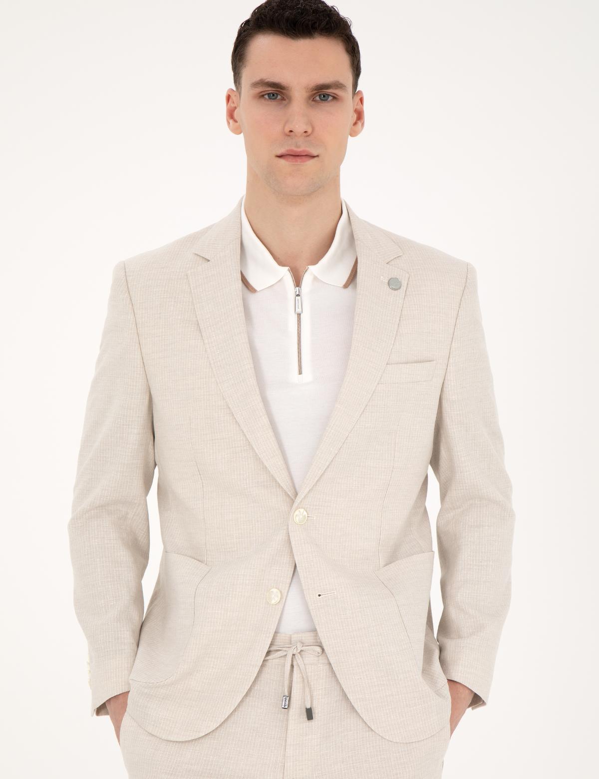 Bej Slim Fit Keten Karışımlı Çizgili Takım Elbise - 50285265170