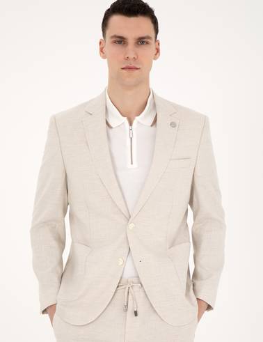 Bej Slim Fit Keten Karışımlı Çizgili Takım Elbise