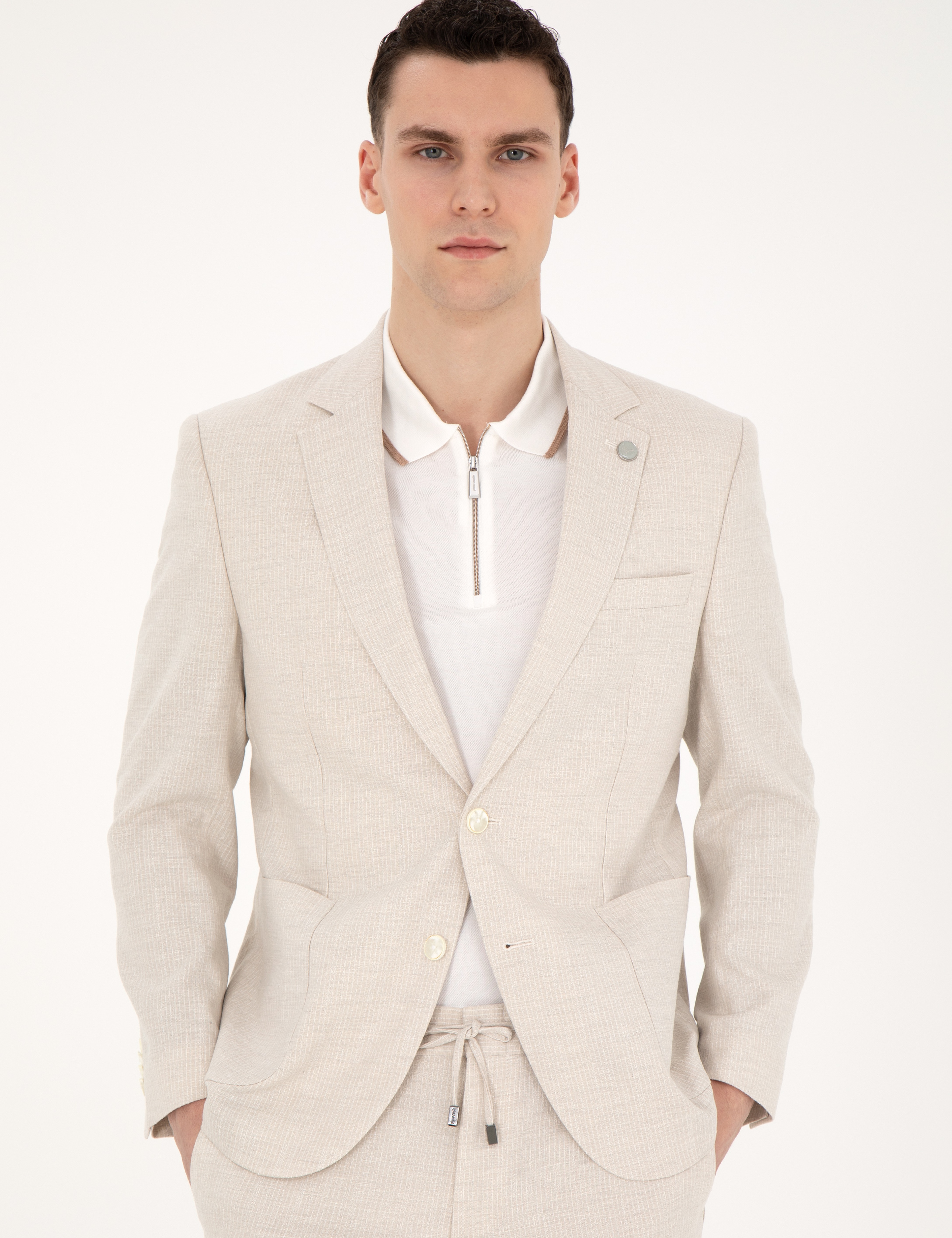 Bej Slim Fit Keten Karışımlı Çizgili Takım Elbise - Image 2