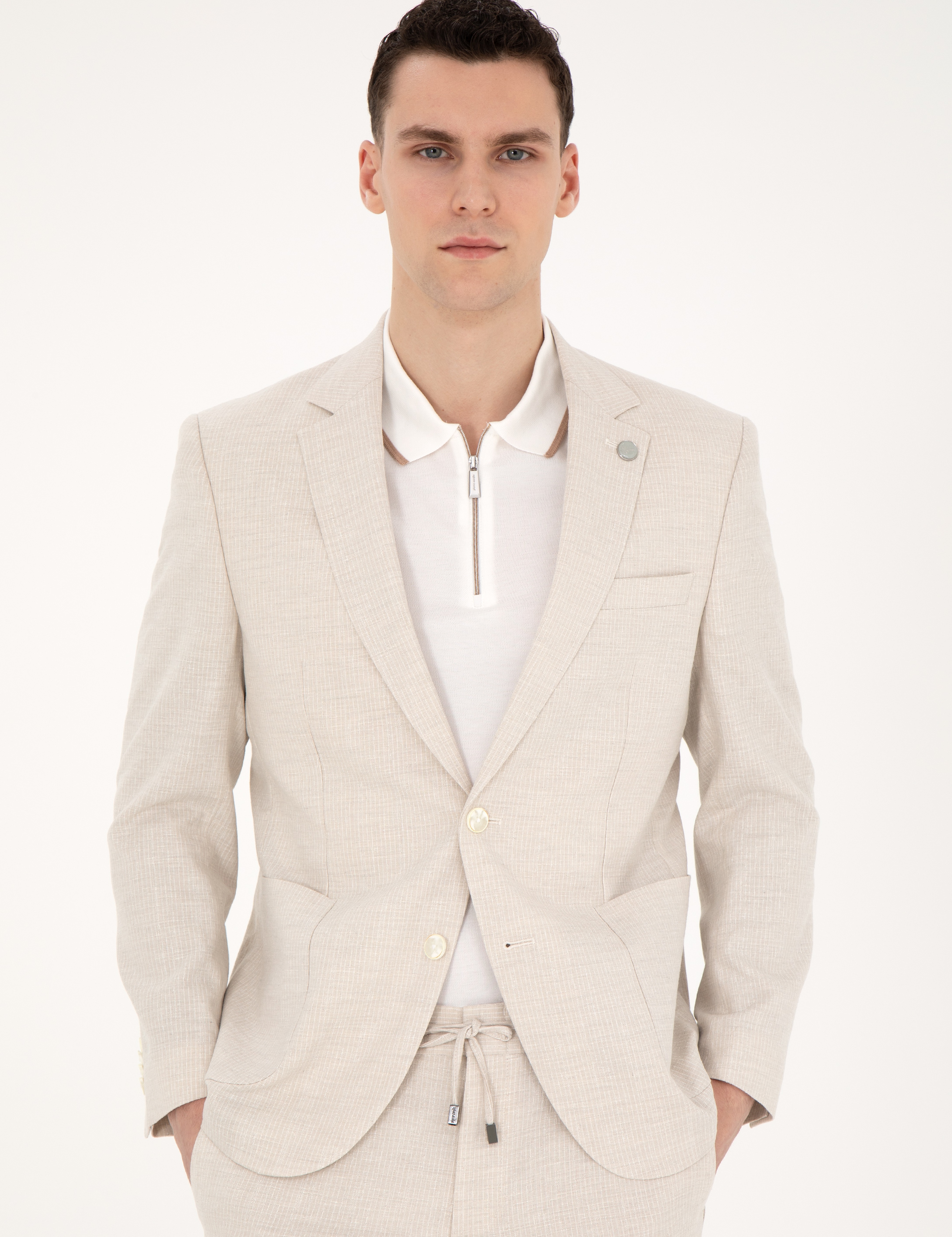 Bej Slim Fit Keten Karışımlı Çizgili Takım Elbise