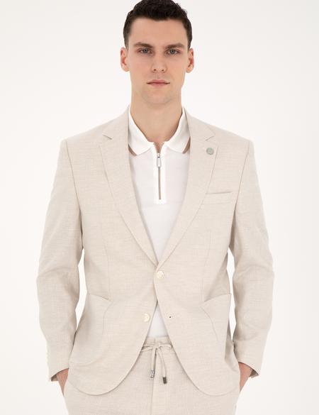 Bej Slim Fit Keten Karışımlı Çizgili Takım Elbise - 50285265170