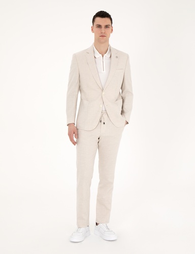 Bej Slim Fit Keten Karışımlı Çizgili Takım Elbise