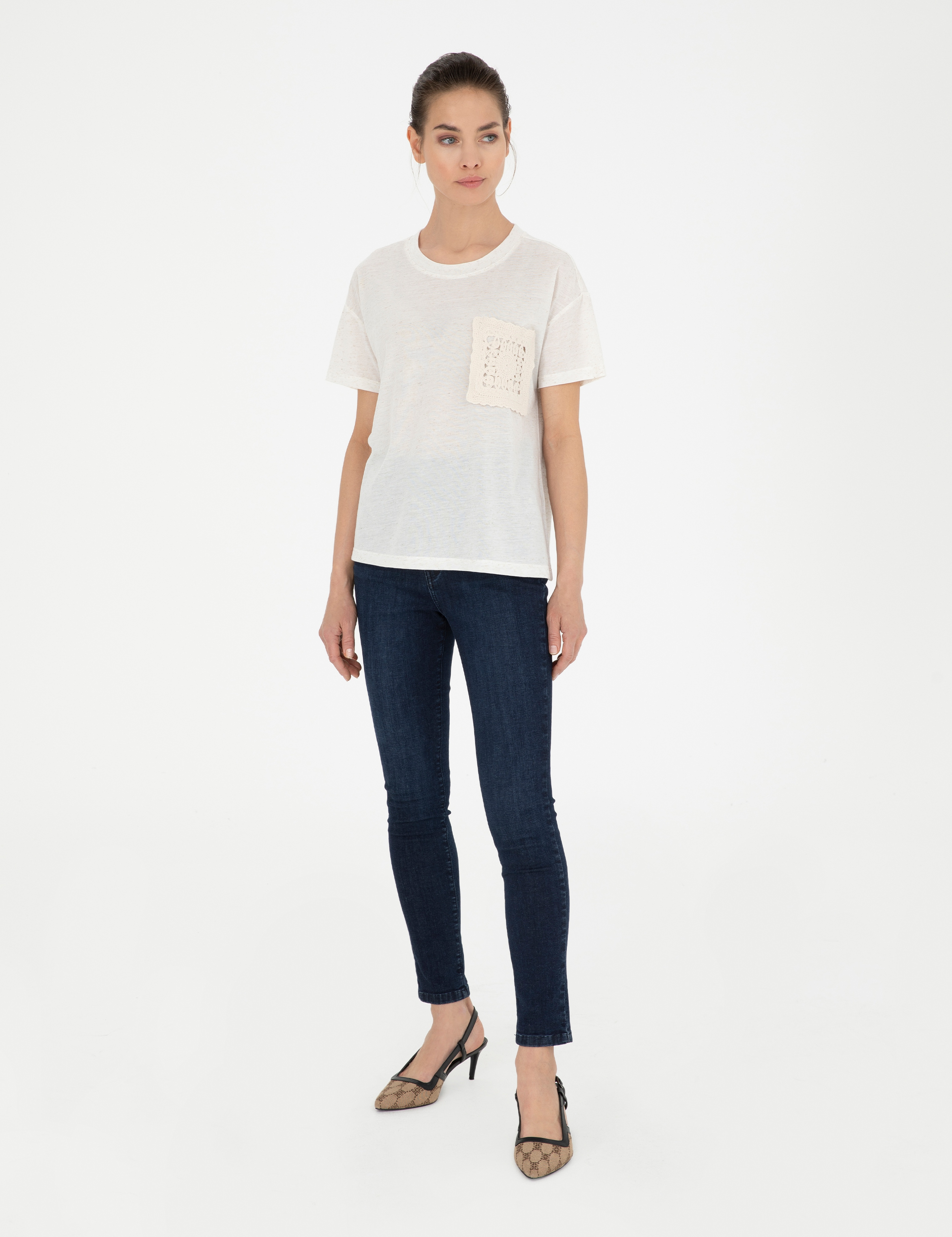 Krem Comfort Fit Keten Karışımlı Tişört - Image 4