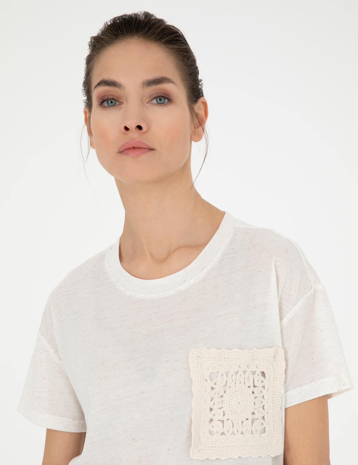 Krem Comfort Fit Keten Karışımlı Tişört - 50283418012