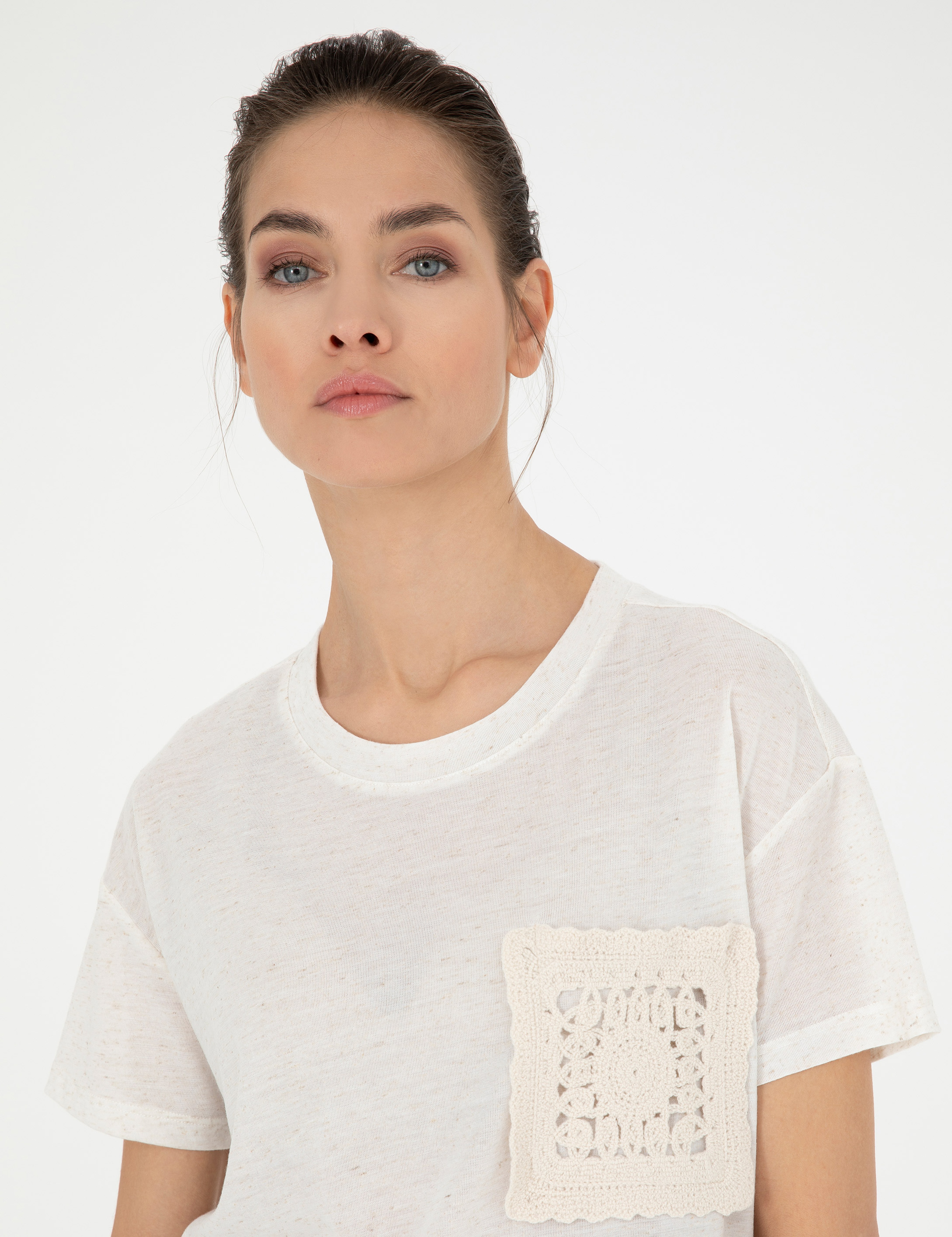 Krem Comfort Fit Keten Karışımlı Tişört - Image 2