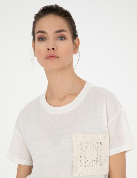 Krem Comfort Fit Keten Karışımlı Tişört - 50283418012