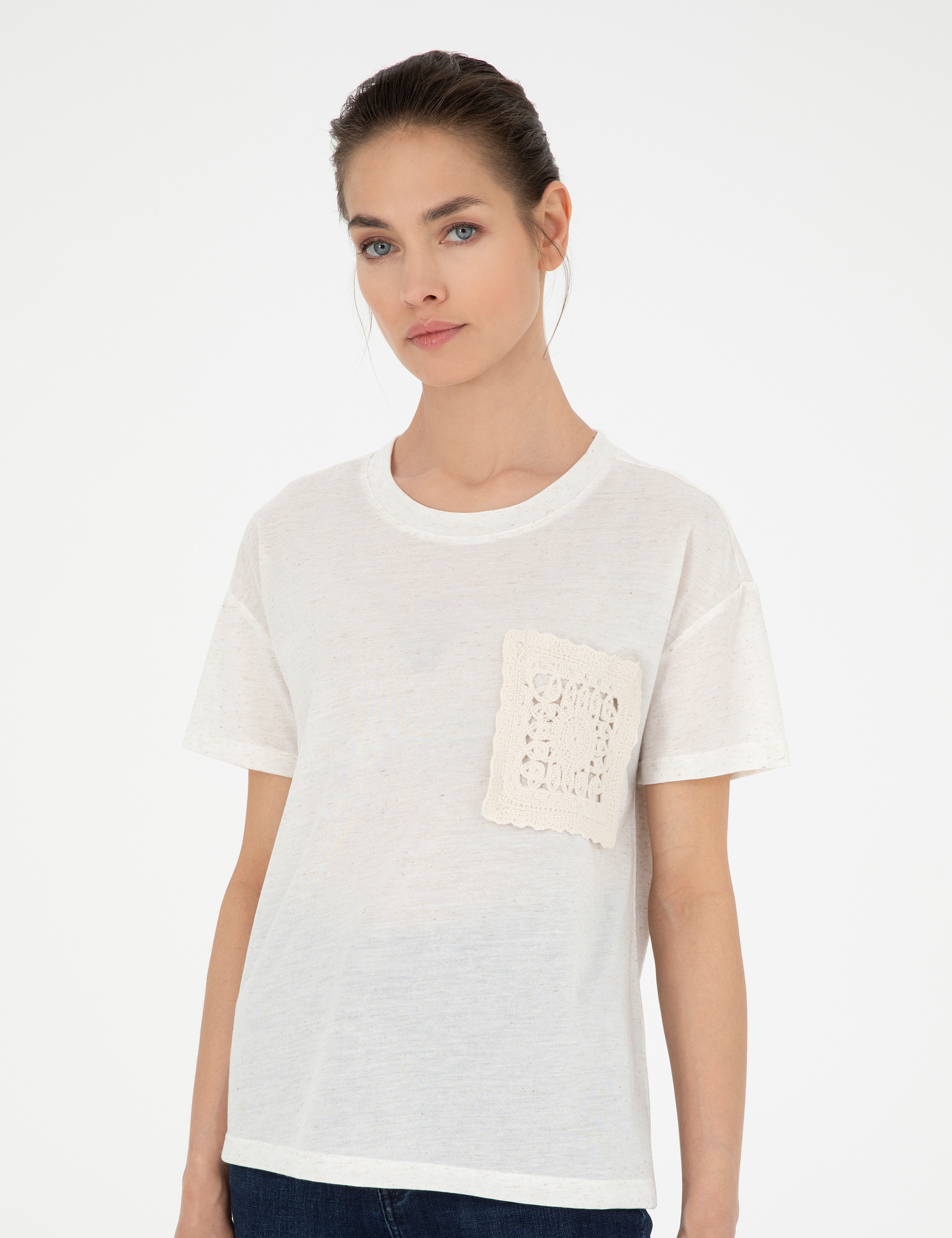 Krem Comfort Fit Keten Karışımlı Tişört