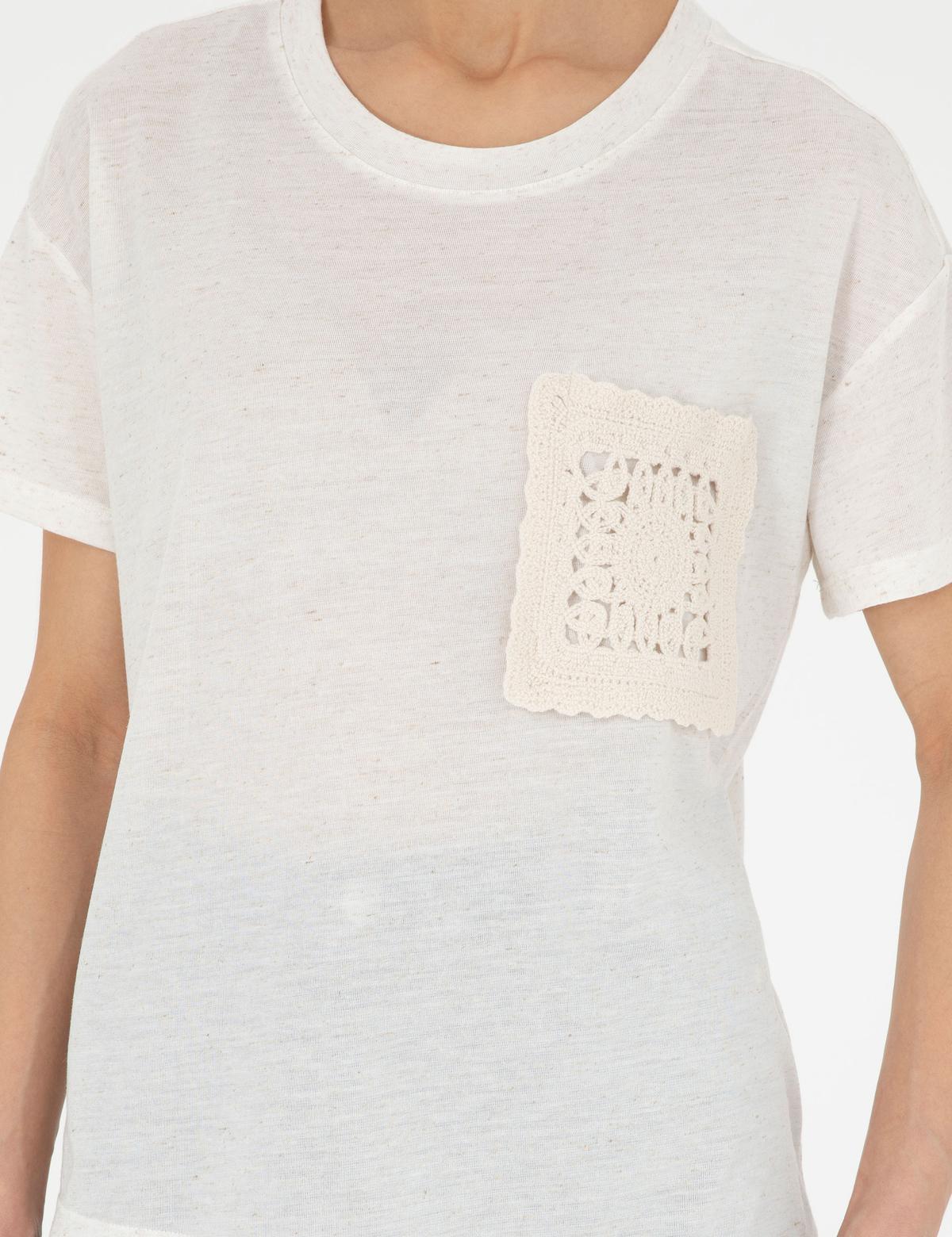 Krem Comfort Fit Keten Karışımlı Tişört - 50283418012