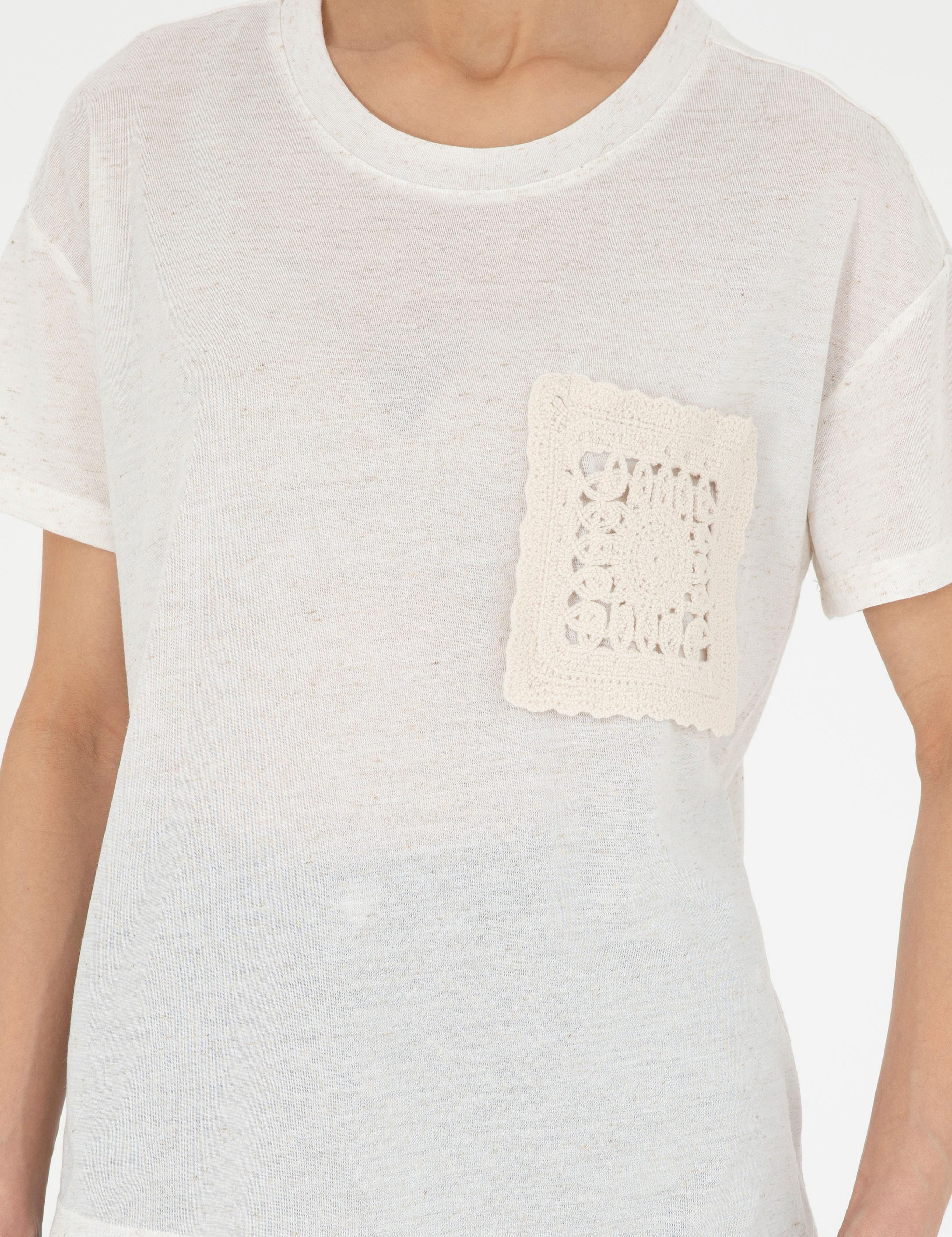 Krem Comfort Fit Keten Karışımlı Tişört