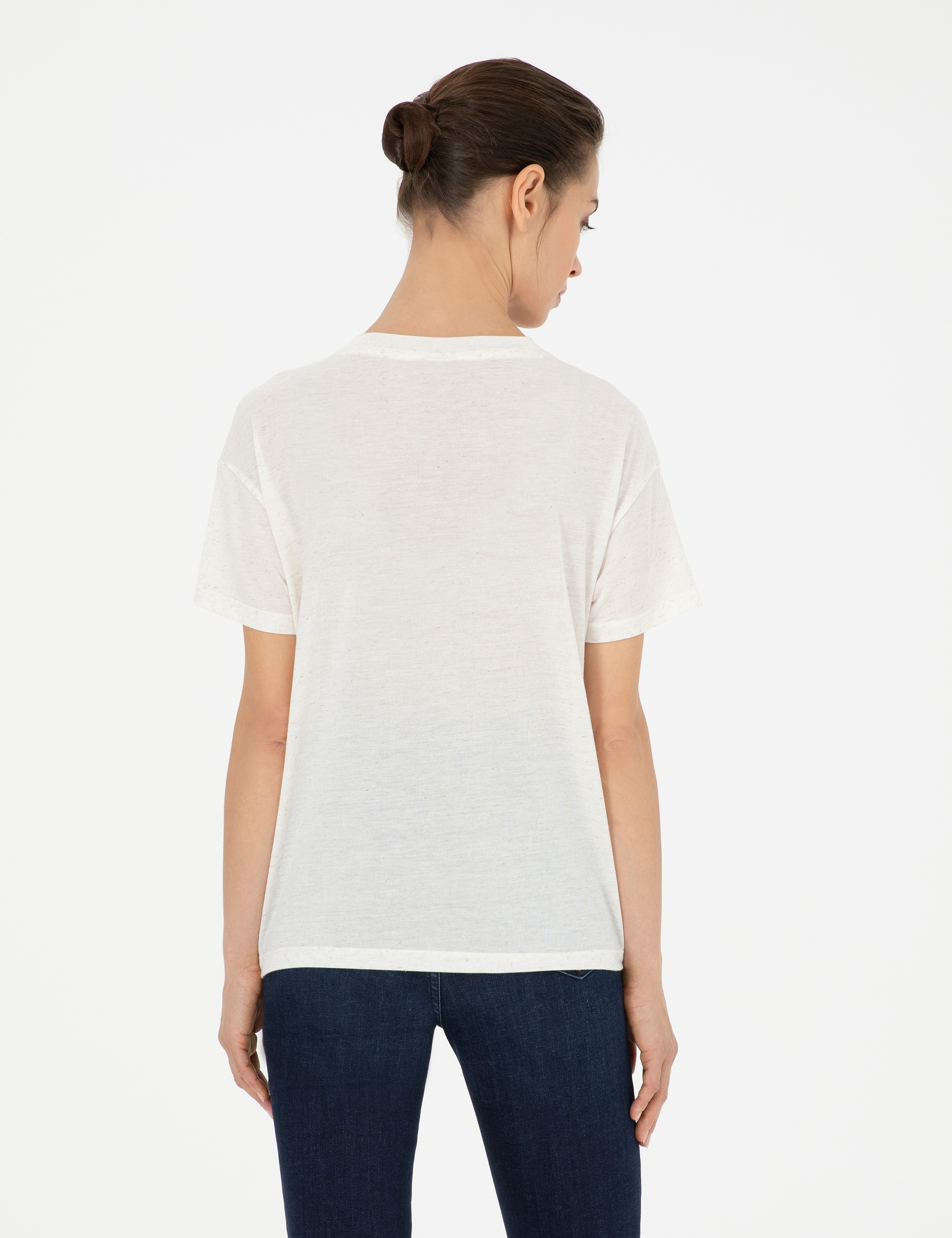 Krem Comfort Fit Keten Karışımlı Tişört - Image 5