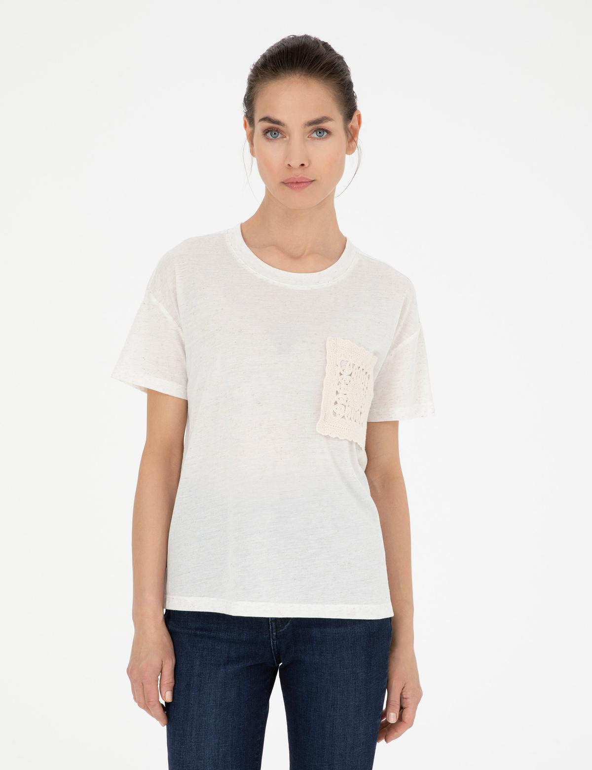 Krem Comfort Fit Keten Karışımlı Tişört