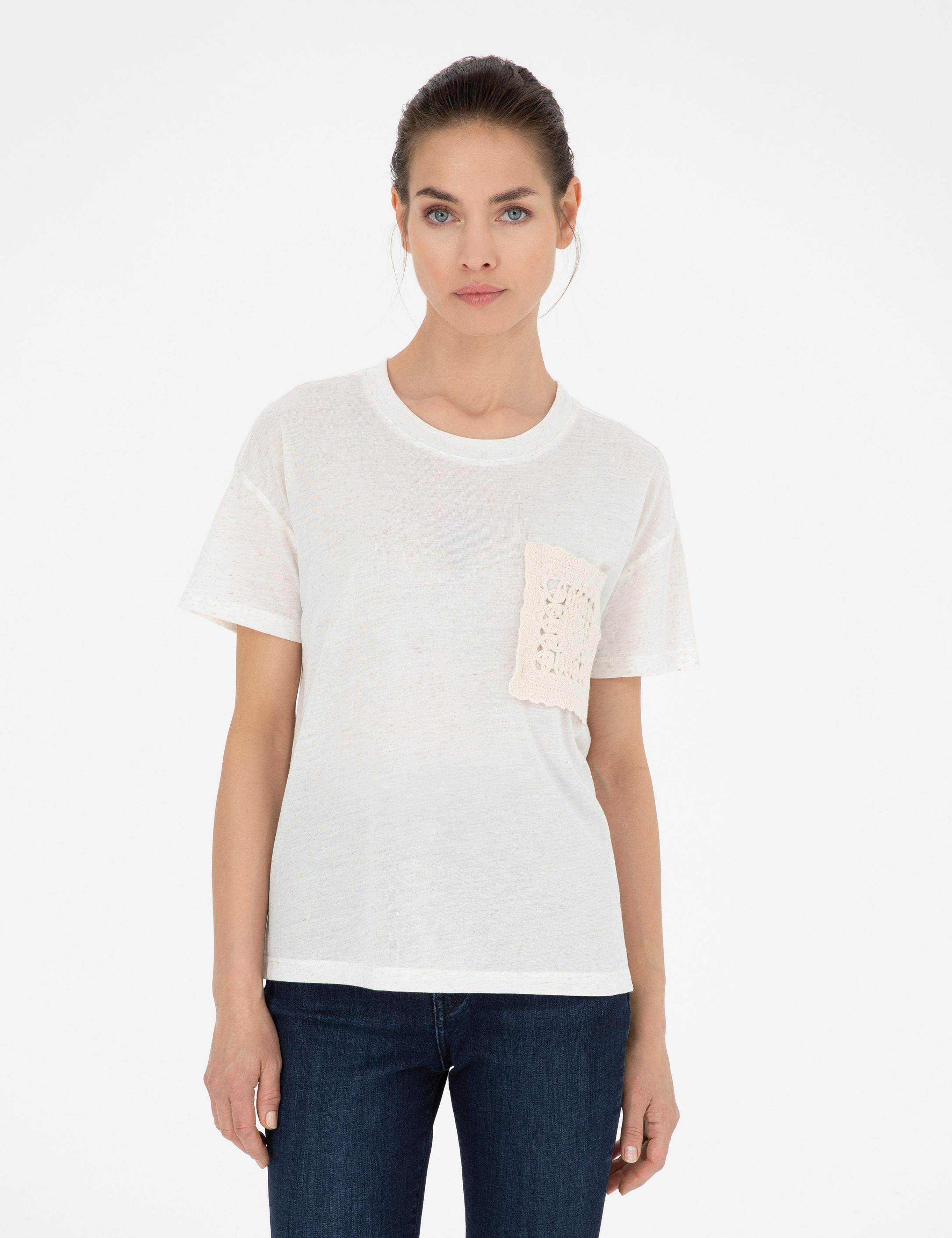 Krem Comfort Fit Keten Karışımlı Tişört