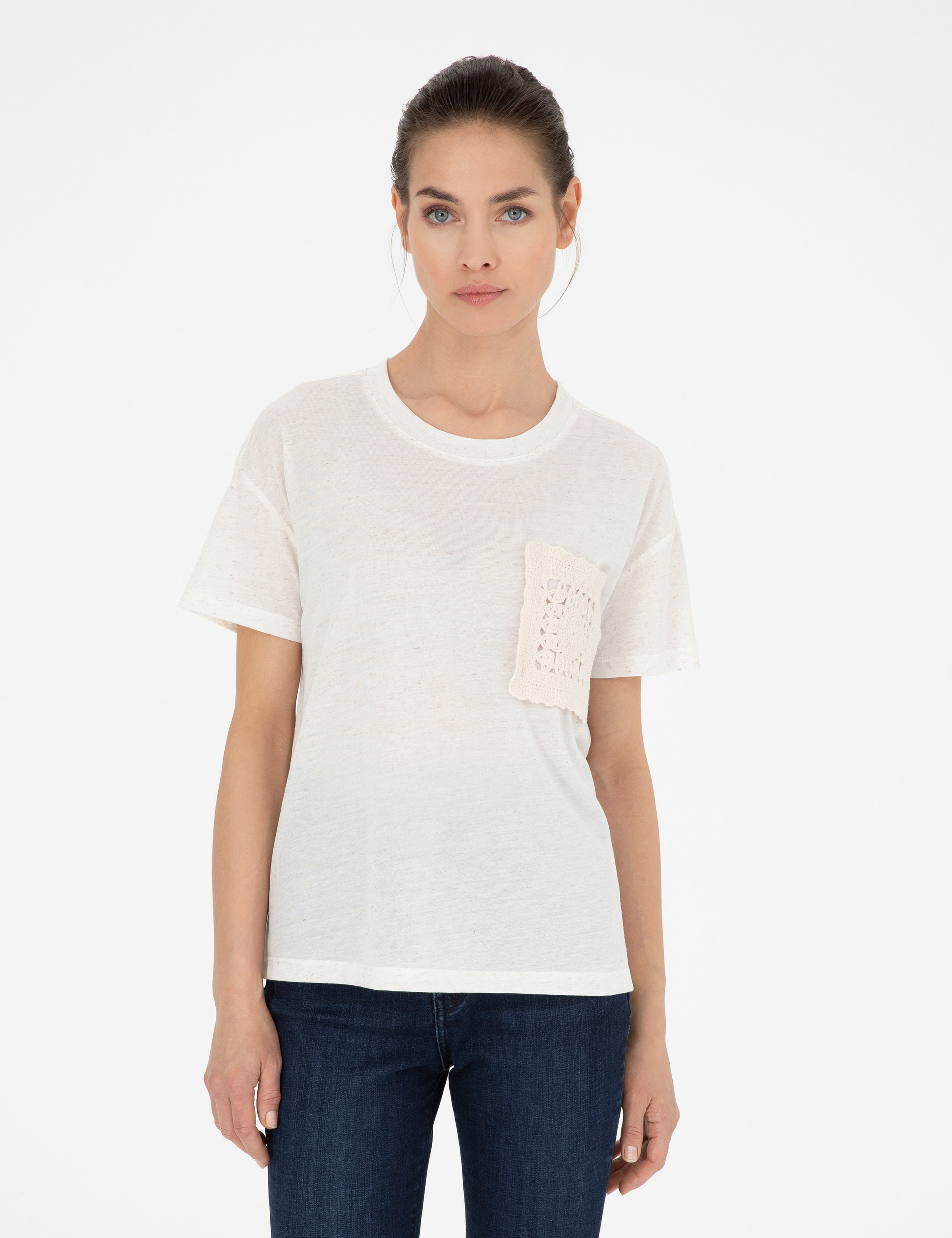 Krem Comfort Fit Keten Karışımlı Tişört