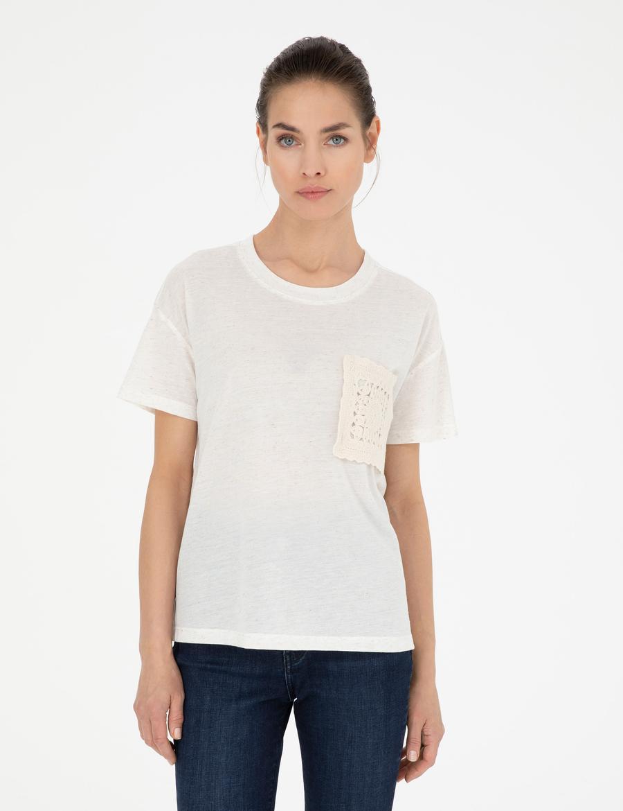 Krem Comfort Fit Keten Karışımlı Tişört