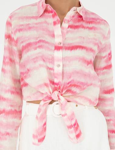 Pembe Crop Top Uzun Kollu Keten Gömlek