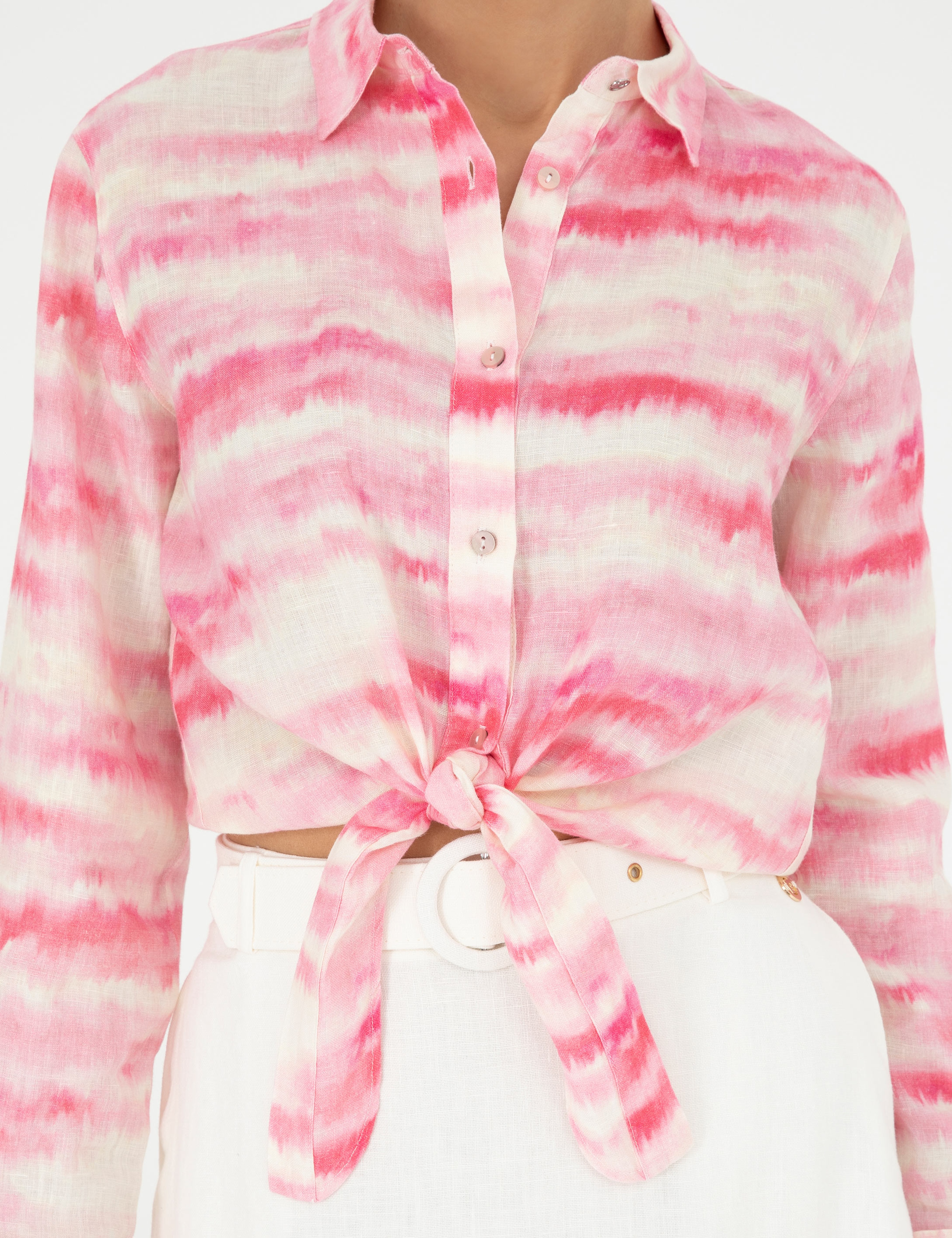 Pembe Crop Top Uzun Kollu Keten Gömlek - Image 6